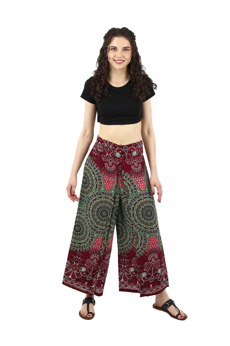 Pantaloni palazzo petrecuti cu print Mandala - Rosu [3]