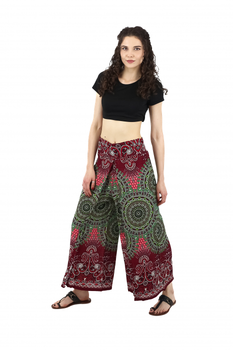 Pantaloni palazzo petrecuti cu print Mandala - Rosu [2]