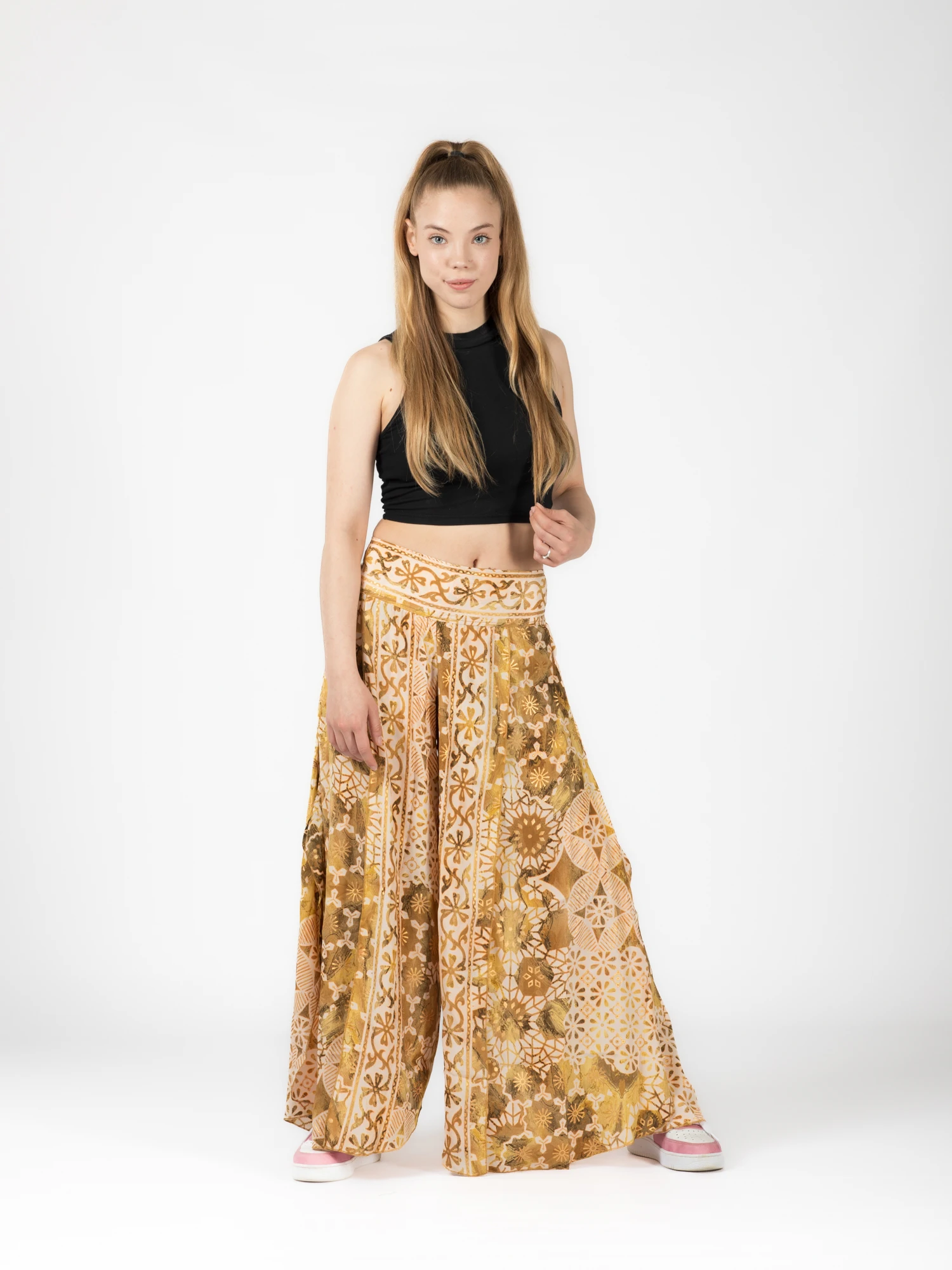 Pantaloni petrecuți din material fluid cu print și fir auriu - Model 23 [2]