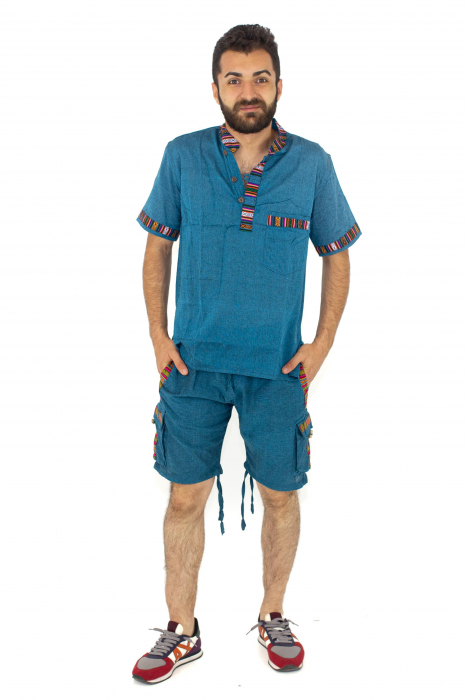Pantaloni scurti din bumbac cu motive etno - Teal [7]