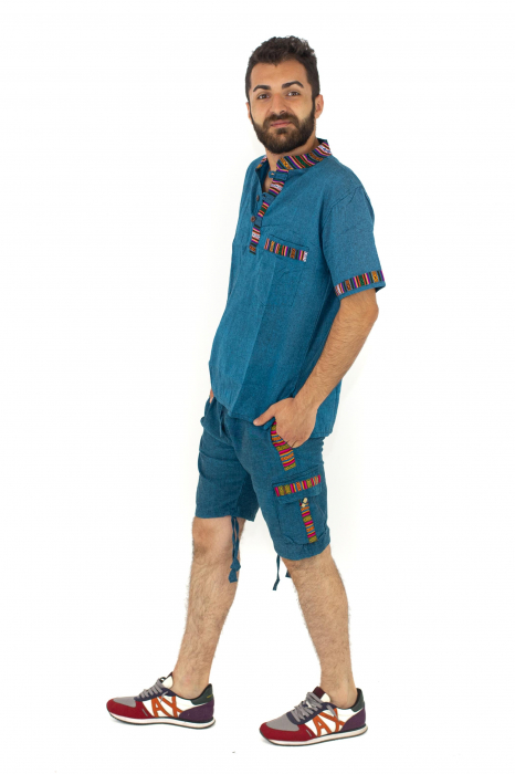 Pantaloni scurti din bumbac cu motive etno - Teal [8]