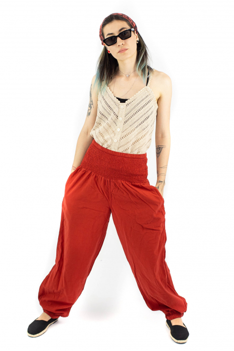 Pantaloni subtiri cu banda lata - Caramiziu [2]