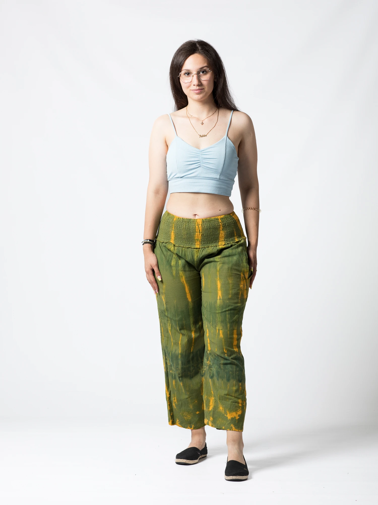 Pantaloni Tie Dye evazați din bumbac cu bandă elastică lată în talie - Negru [6]