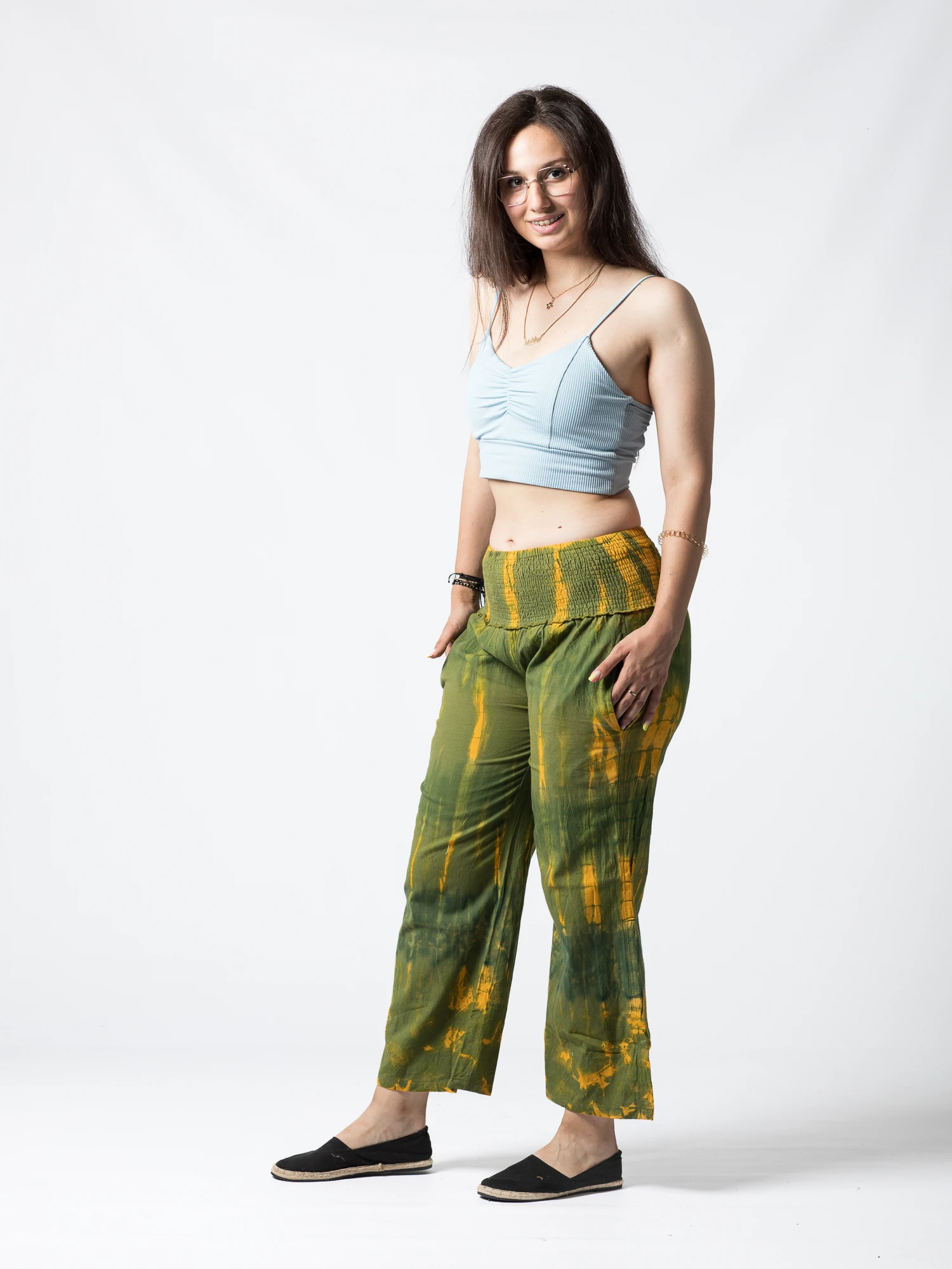Pantaloni Tie Dye evazați din bumbac cu bandă elastică lată în talie - Negru [3]