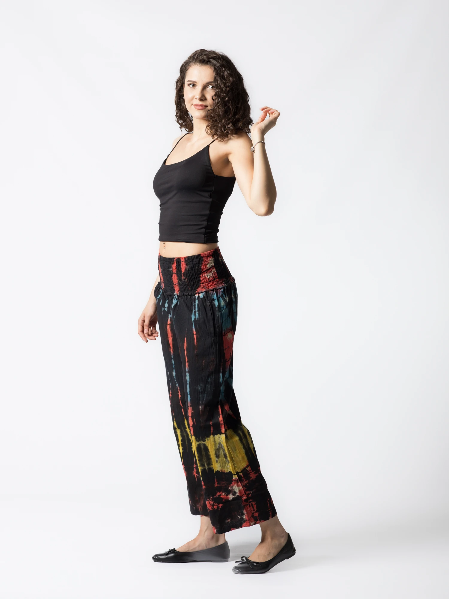 Pantaloni Tie Dye evazați din bumbac cu bandă elastică lată în talie - Negru [4]