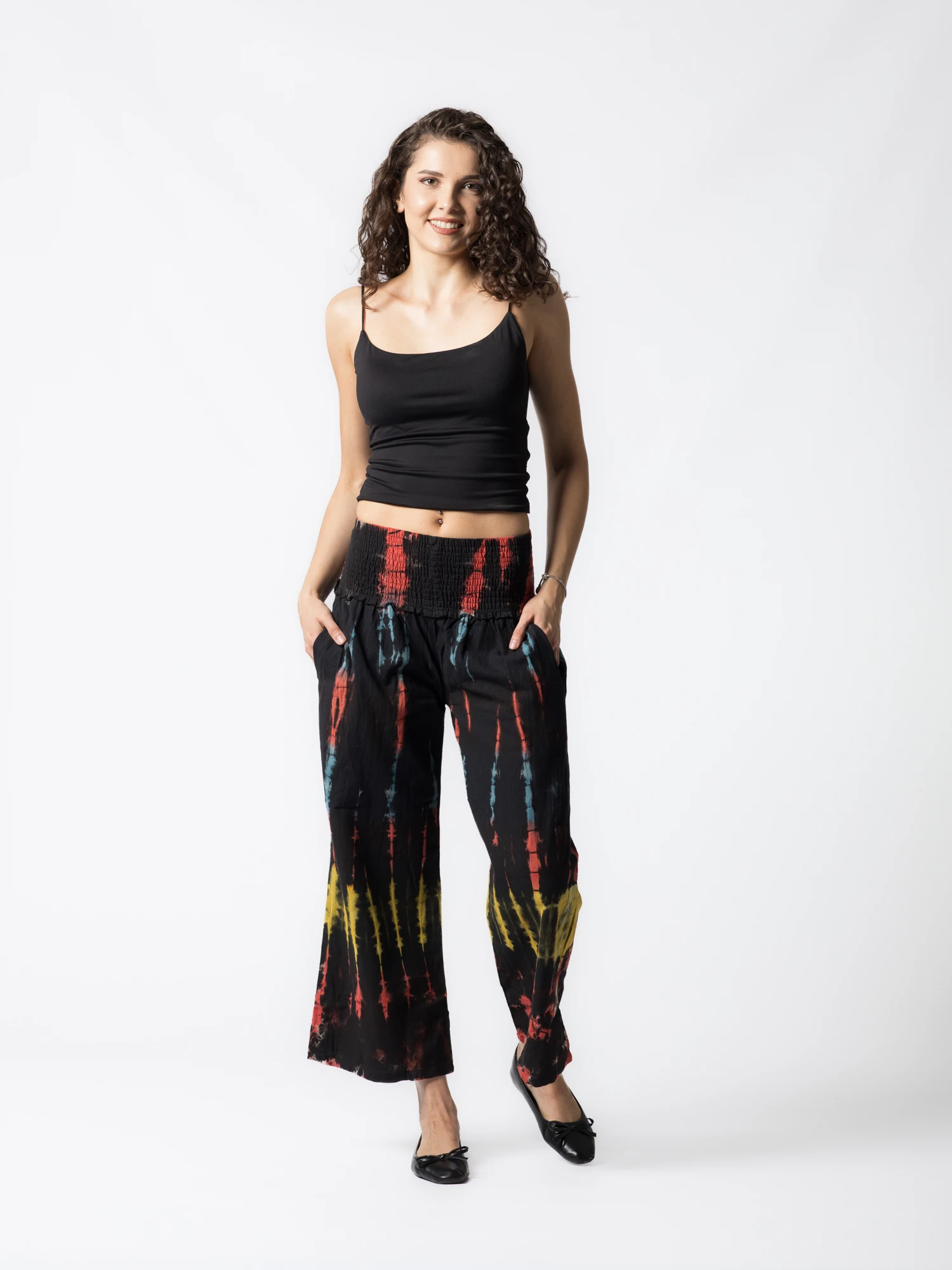 Pantaloni Tie Dye evazați din bumbac cu bandă elastică lată în talie - Negru [2]