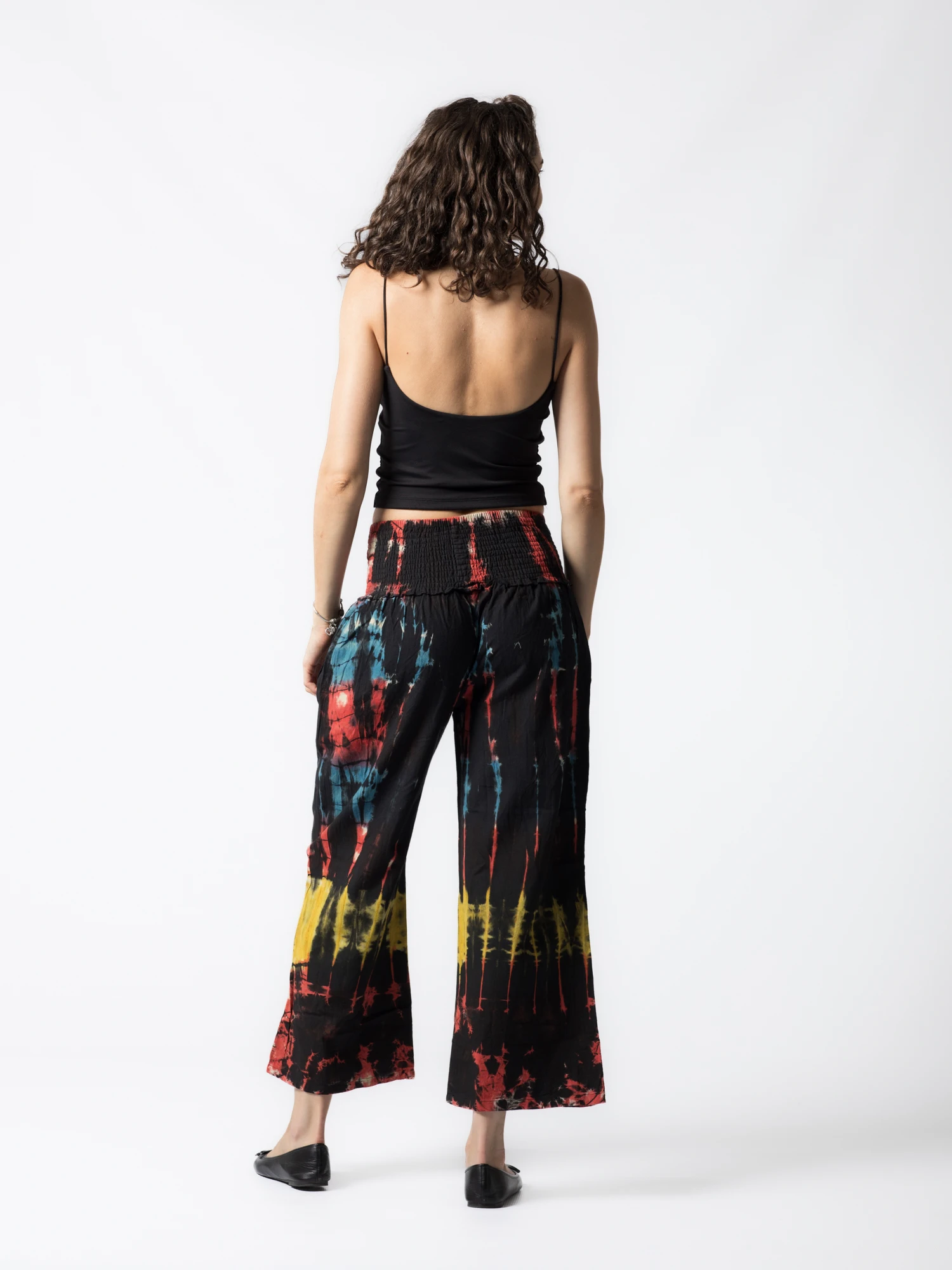 Pantaloni Tie Dye evazați din bumbac cu bandă elastică lată în talie - Negru [5]