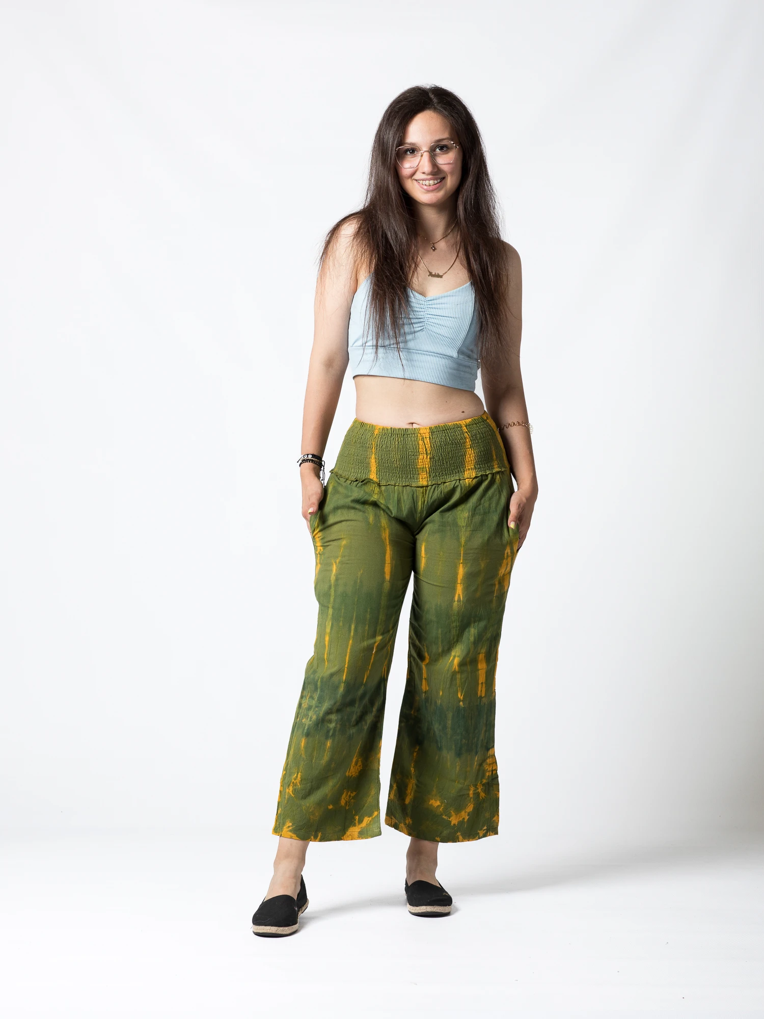 Pantaloni Tie Dye evazați din bumbac cu bandă elastică lată în talie - Negru [2]