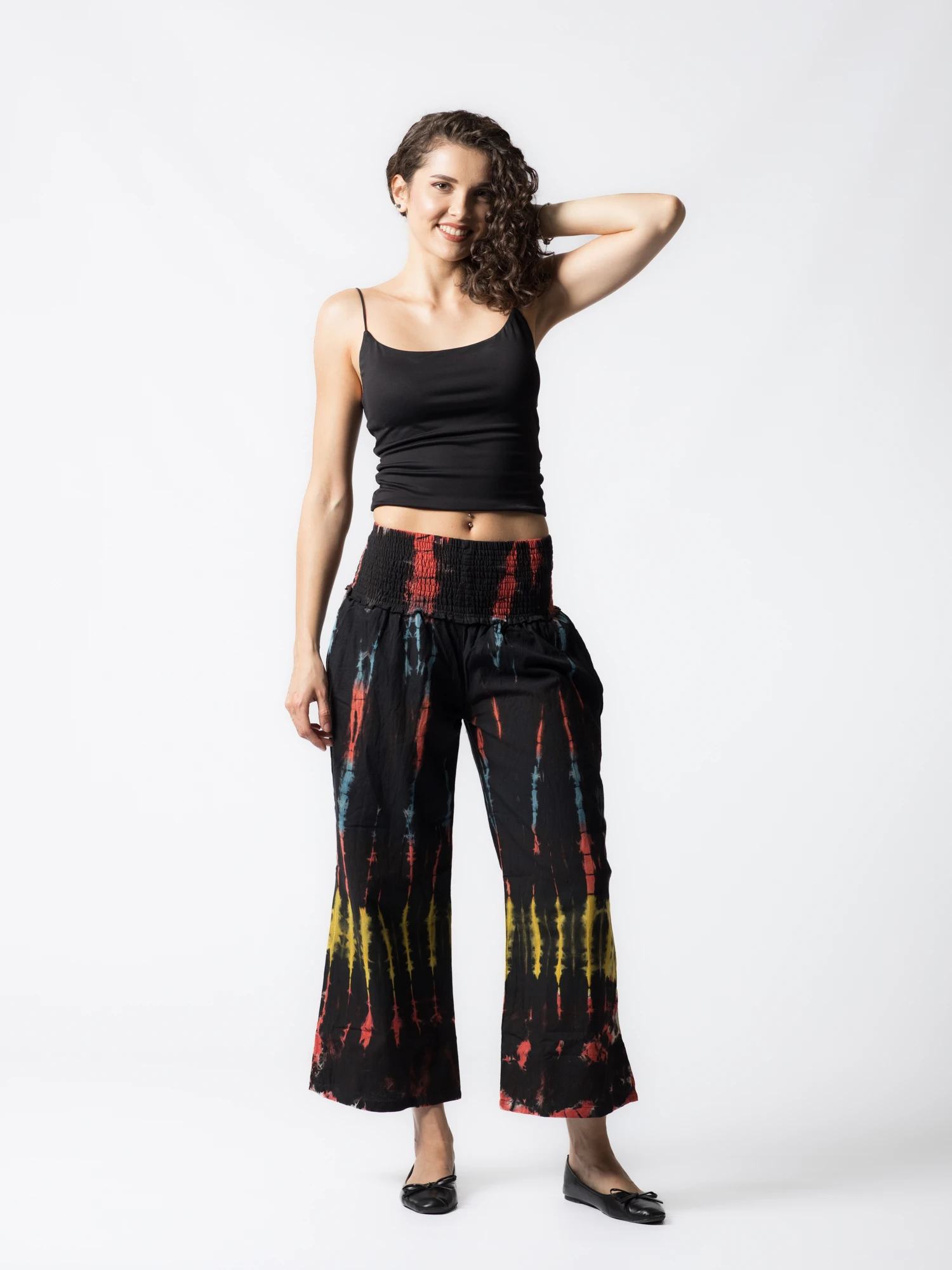 Pantaloni Tie Dye evazați din bumbac cu bandă elastică lată în talie - Negru [3]