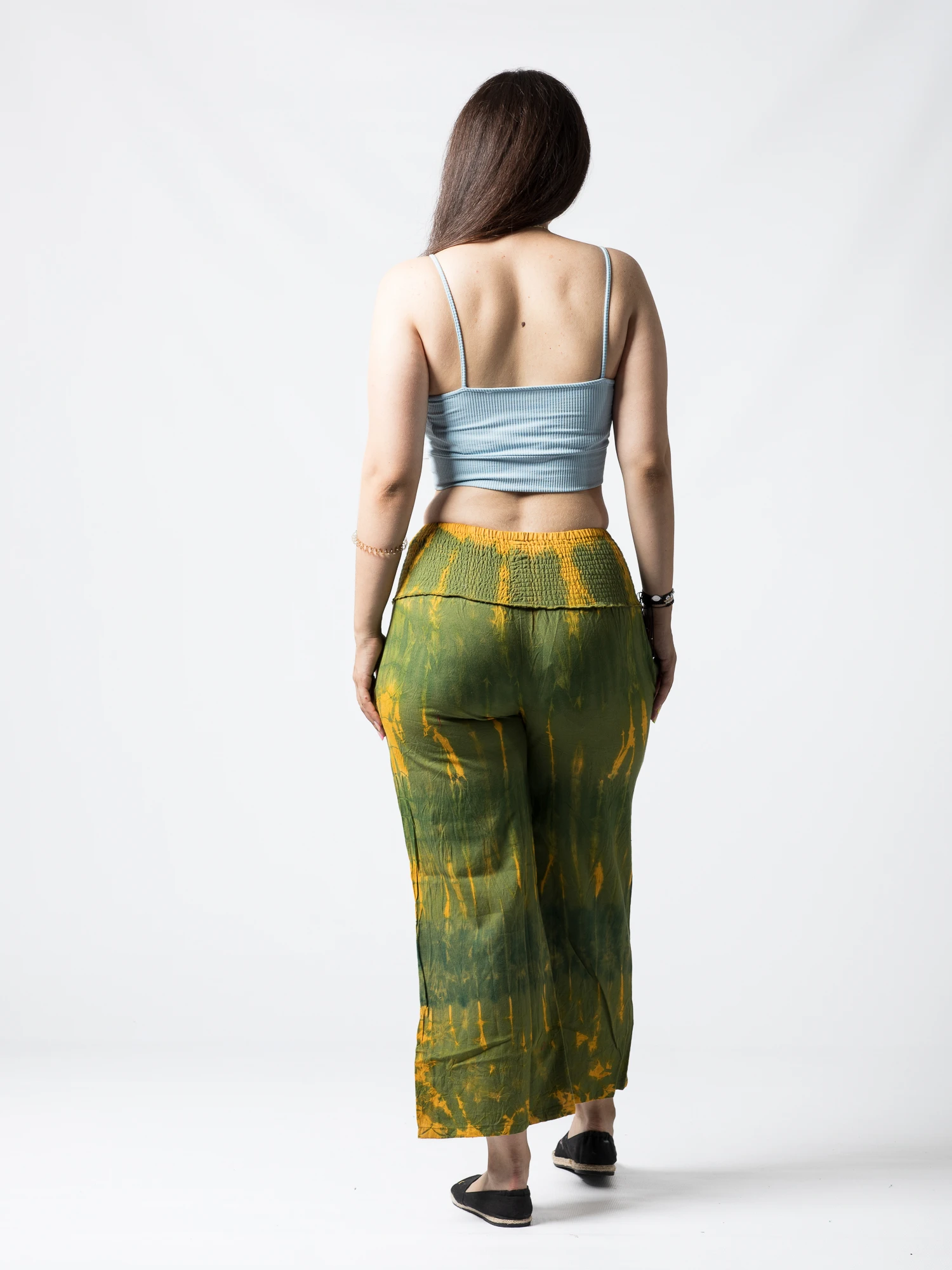 Pantaloni Tie Dye evazați din bumbac cu bandă elastică lată în talie - Negru [5]