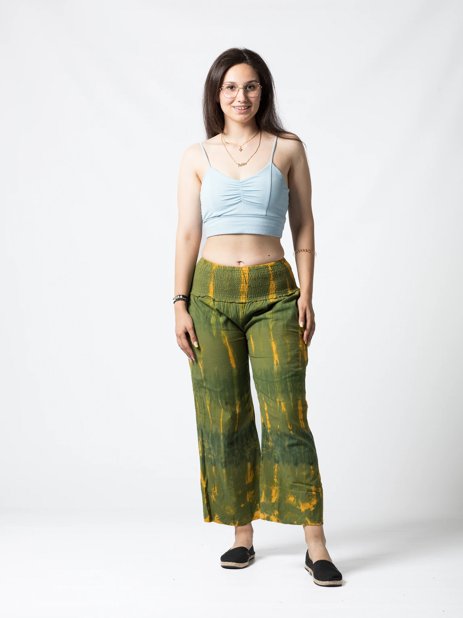Pantaloni Tie Dye evazați din bumbac cu bandă elastică lată în talie - Negru [4]