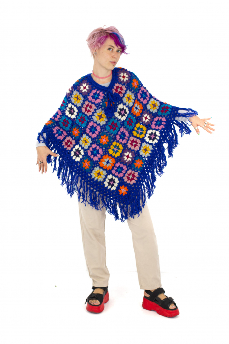 Poncho crosetat din lana - Albastru inchis [2]
