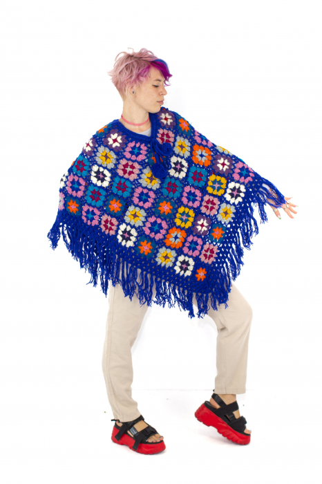 Poncho crosetat din lana - Albastru inchis [3]