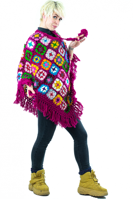 Poncho crosetat din lana - Fucsia [3]