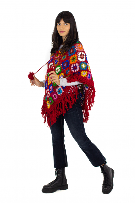 Poncho crosetat din lana - Rosu [3]