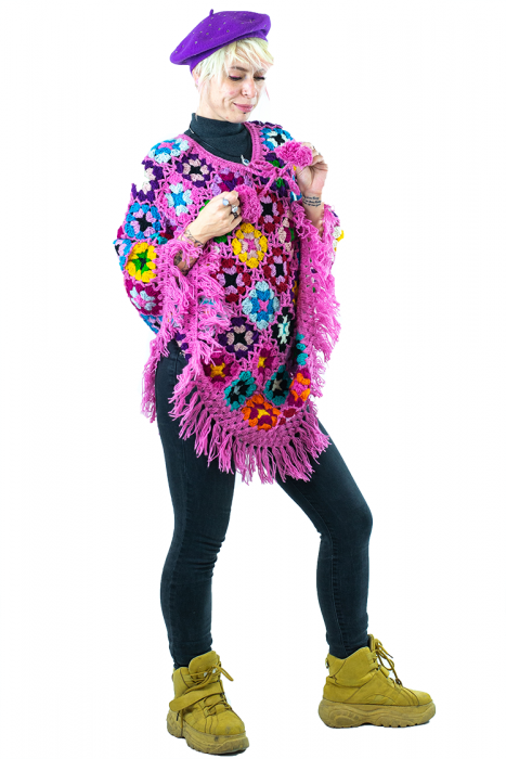 Poncho crosetat din lana - Roz [3]