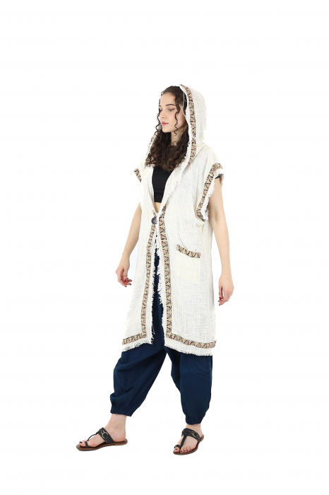 Poncho lung cu glugă - Crem [2]
