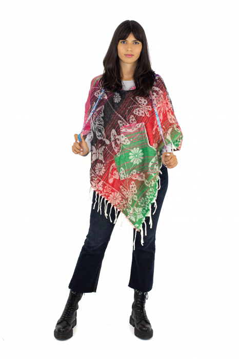 Poncho scurt, model Floral 2 - Roșu/Negru [2]