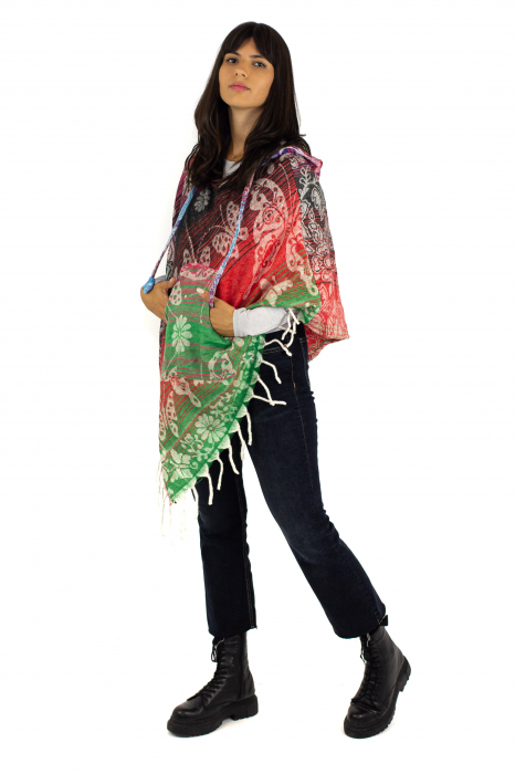 Poncho scurt, model Floral 2 - Roșu/Negru [4]