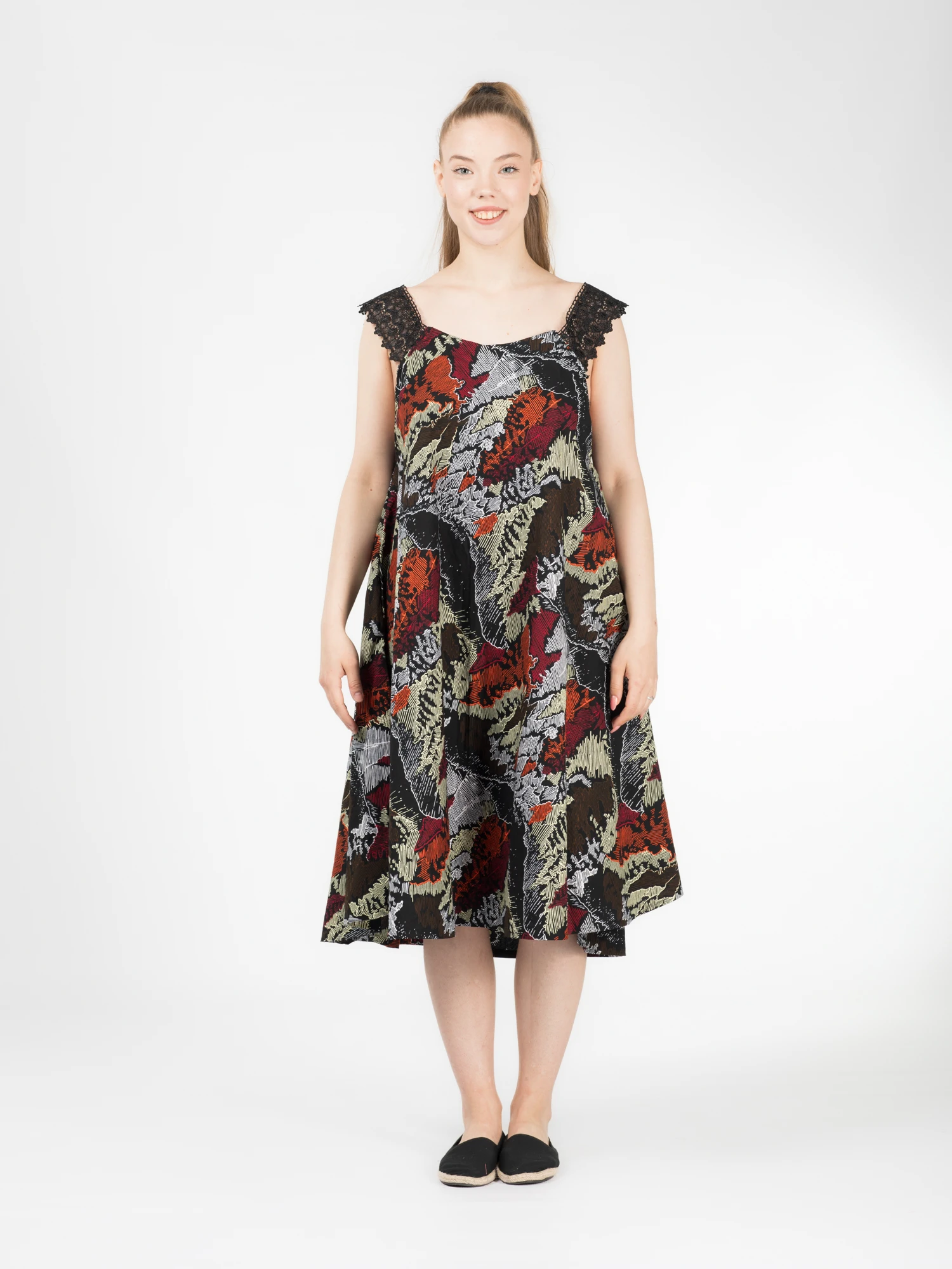 Rochie Zuri din bumbac cu imprimeu african și bretele din dantelă - Multicolor [2]
