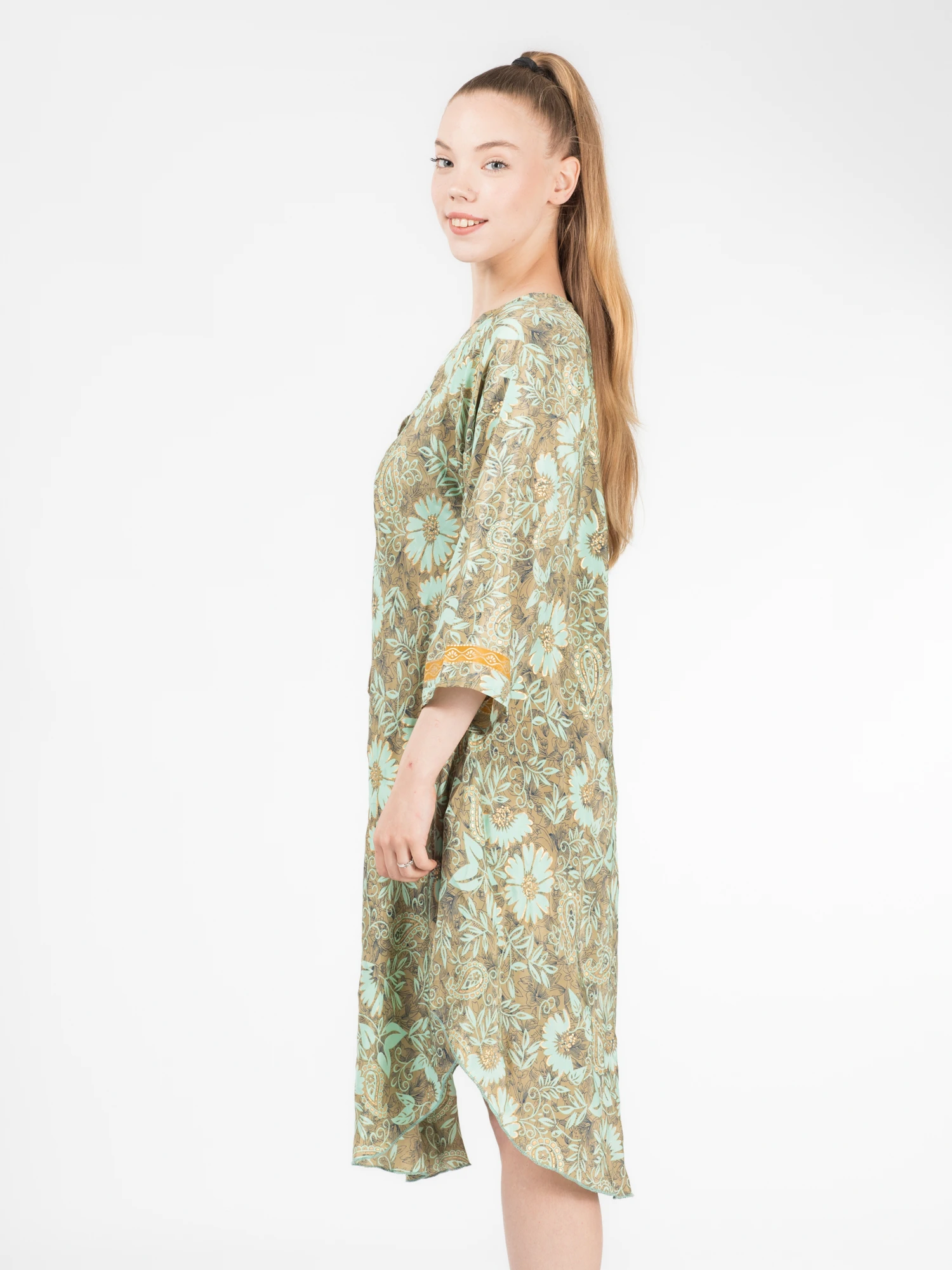 Rochie boho asimetrică din material fluid cu print și detalii aurii - Model 3 [2]