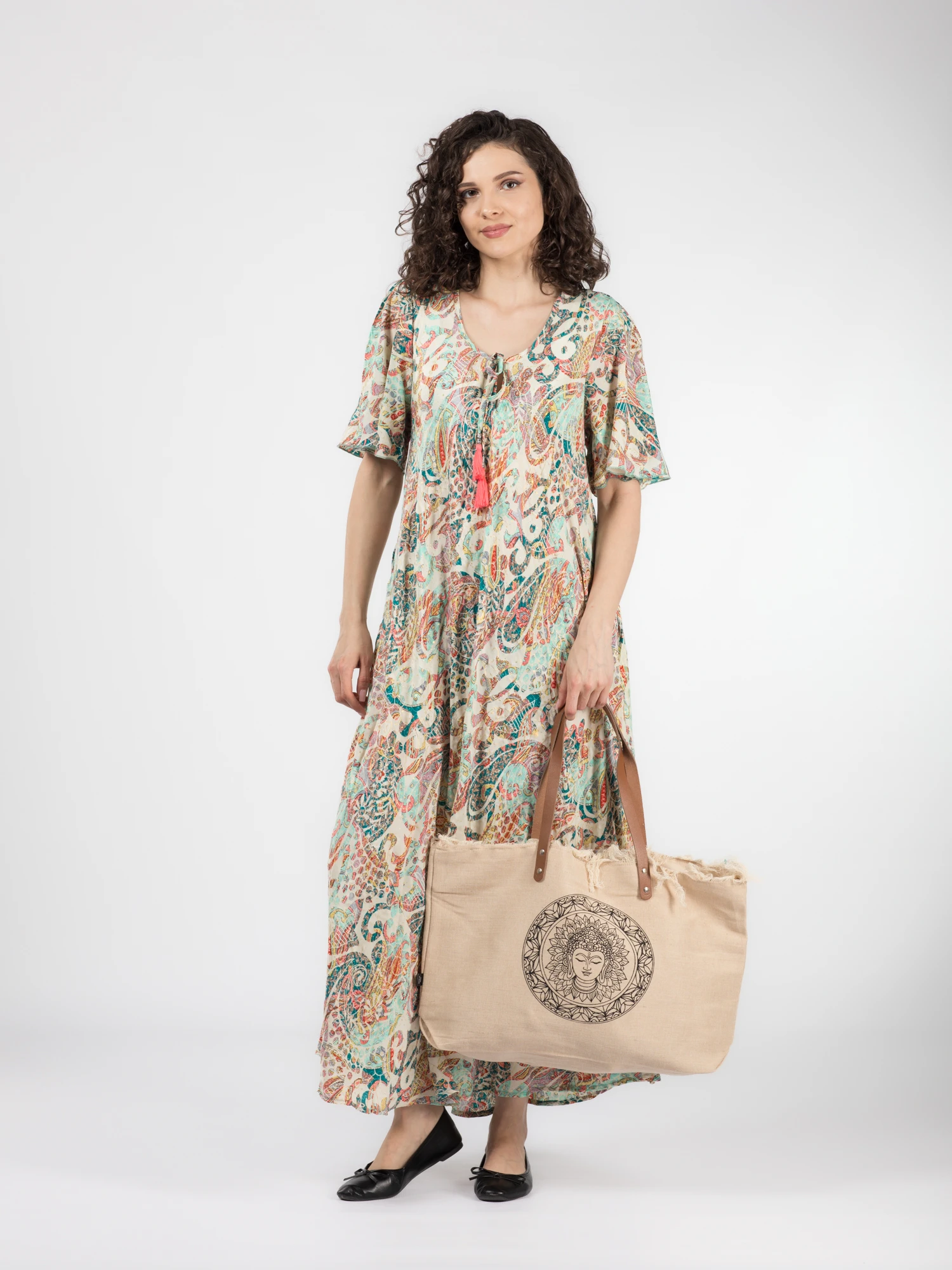 Rochie boho lejeră din material fluid cu detalii aurii - Model 2 [6]