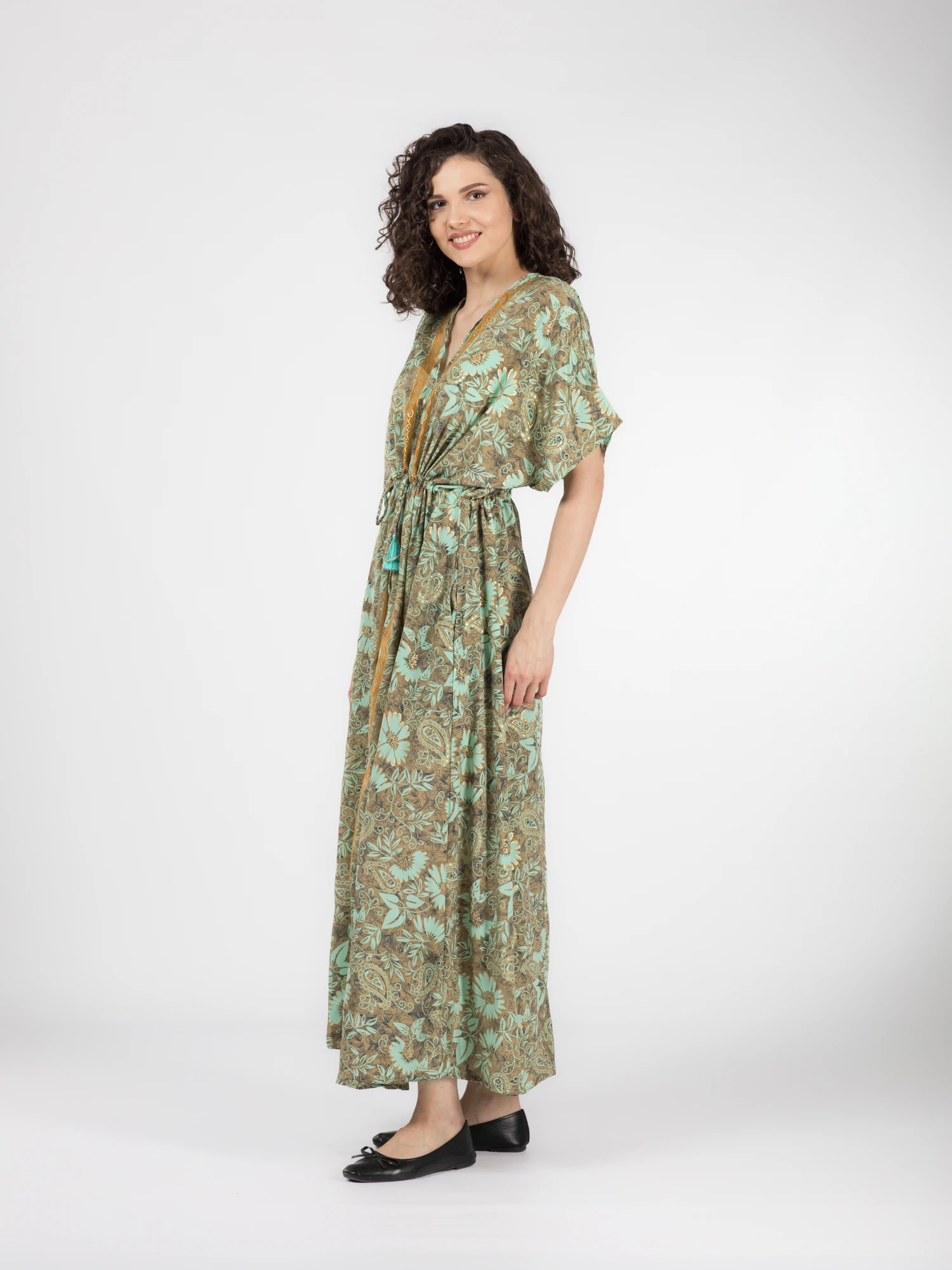 Rochie boho lejeră din material fluid șnur în talie și crăpătură pe mijloc - Model 2 [3]