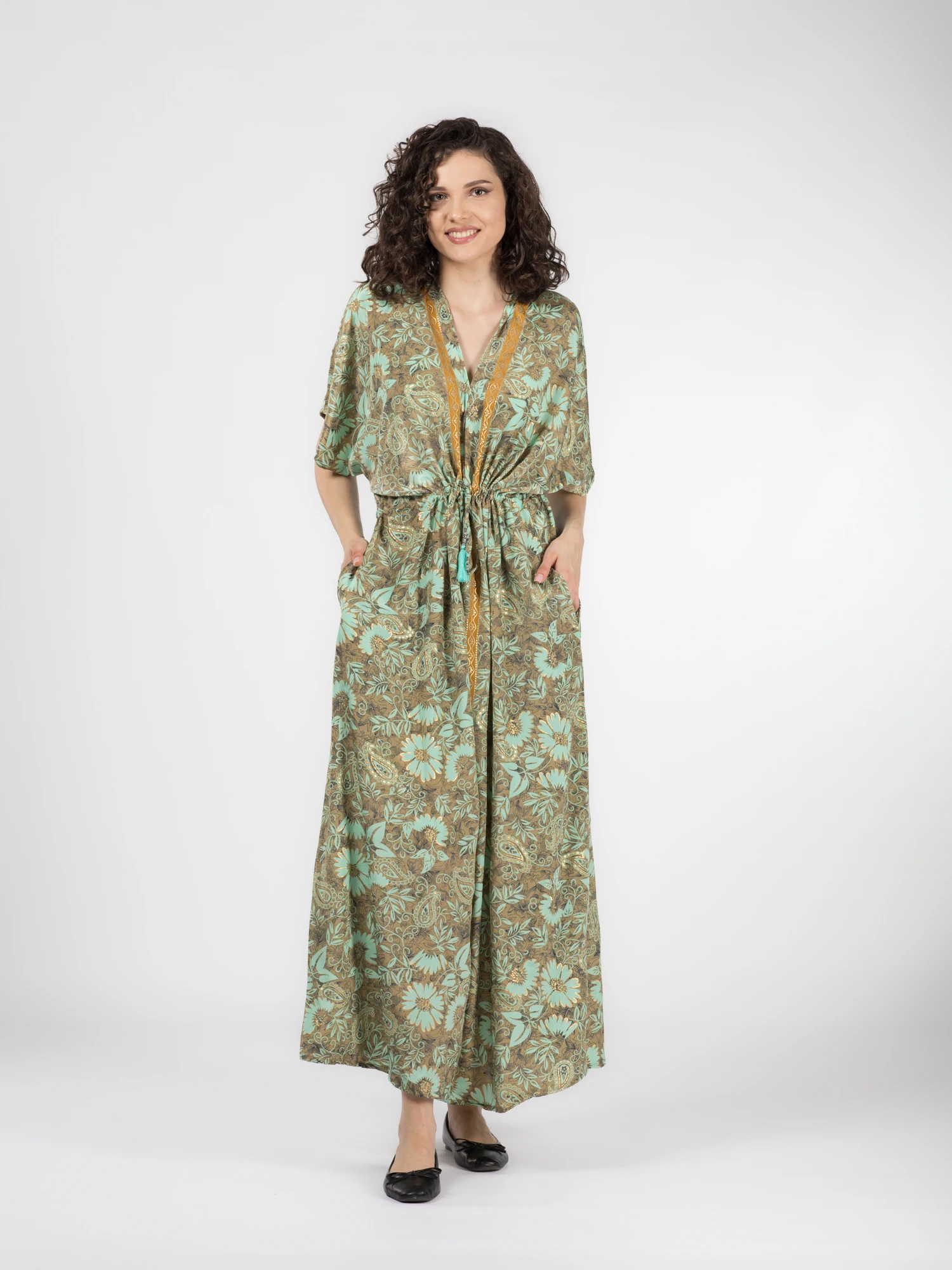 Rochie boho lejeră din material fluid șnur în talie și crăpătură pe mijloc - Model 2 [2]