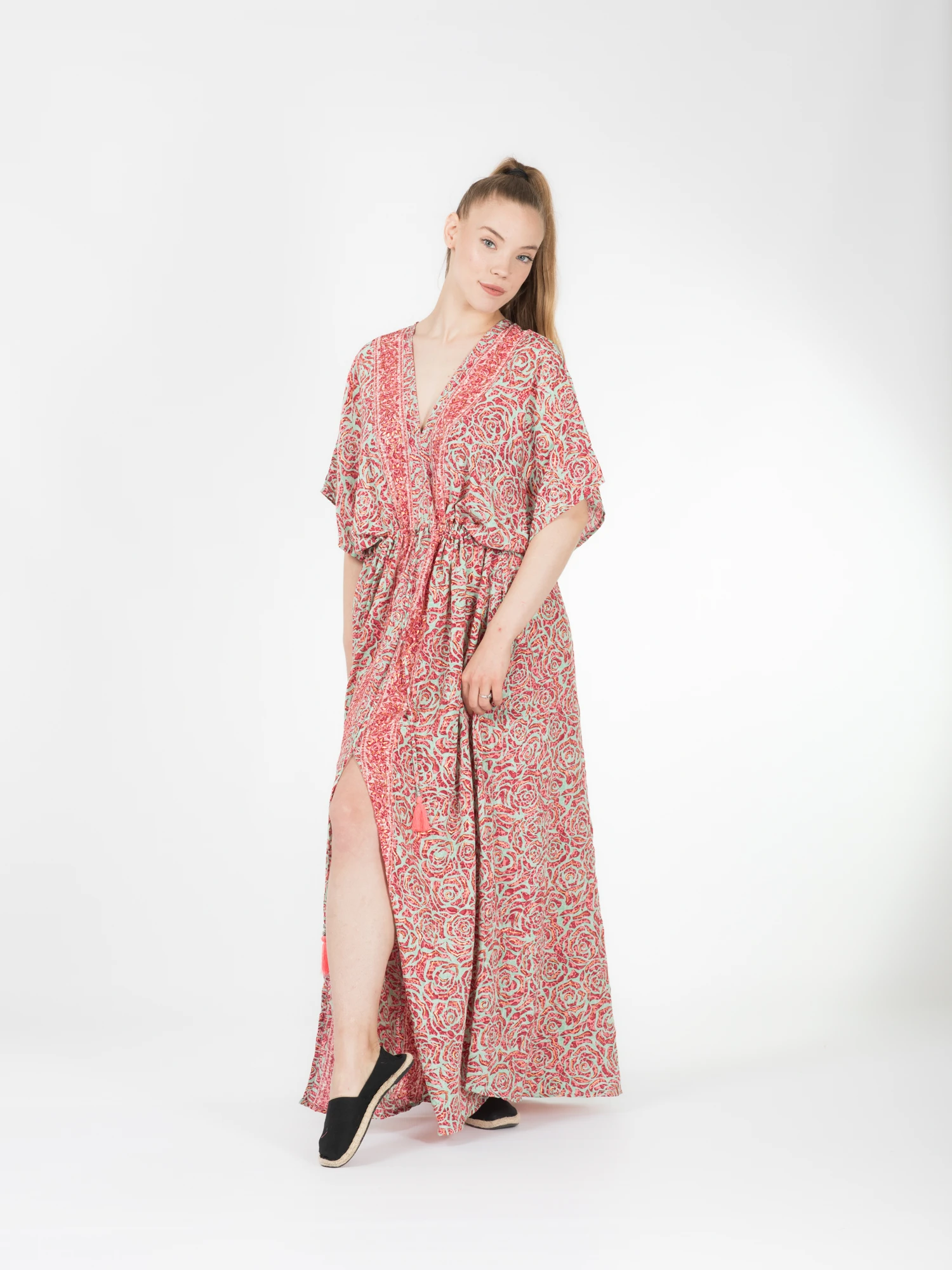 Rochie boho lejeră din material fluid șnur în talie și crăpătură pe mijloc - Model 3 [4]