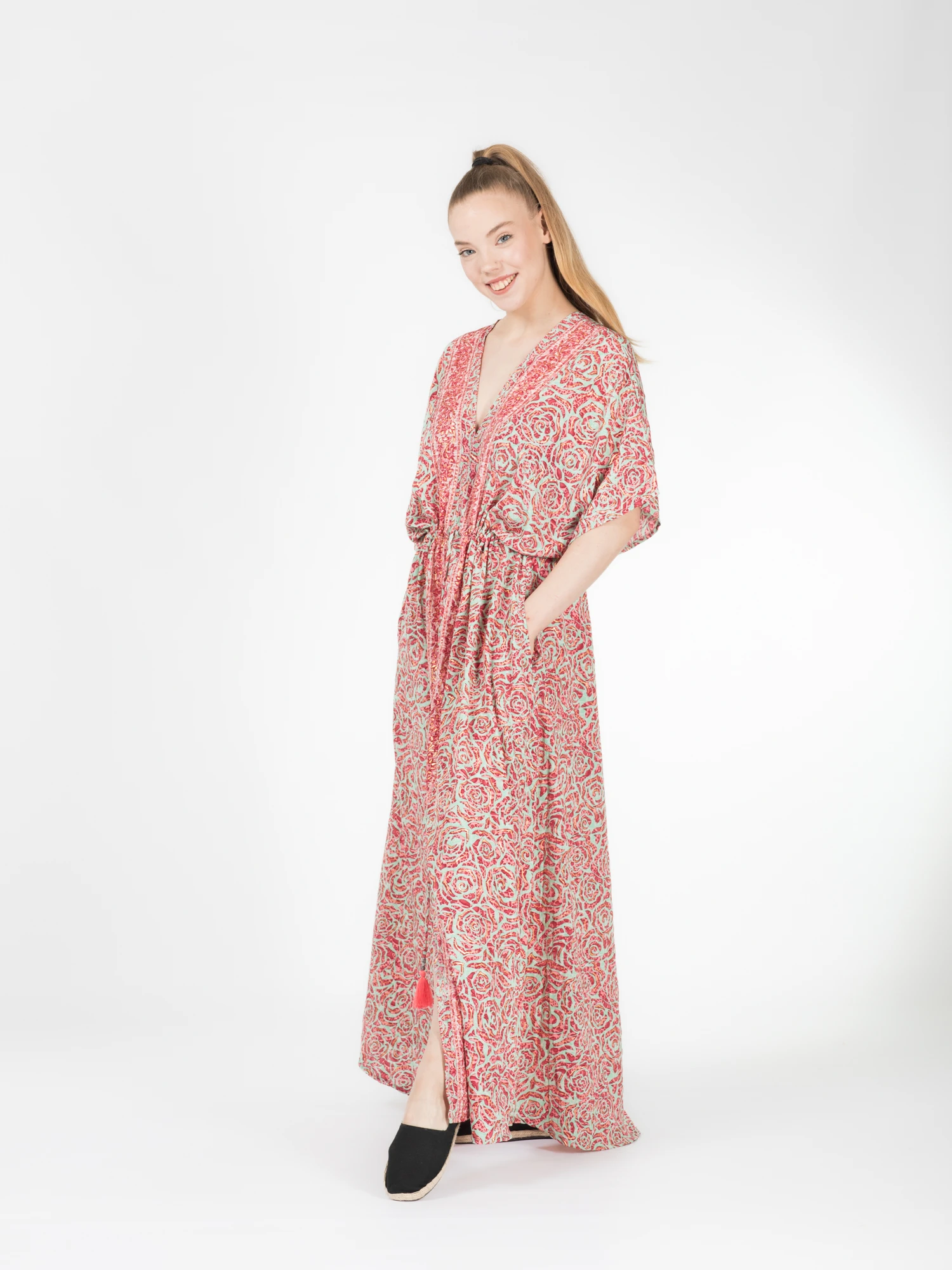 Rochie boho lejeră din material fluid șnur în talie și crăpătură pe mijloc - Model 3 [7]