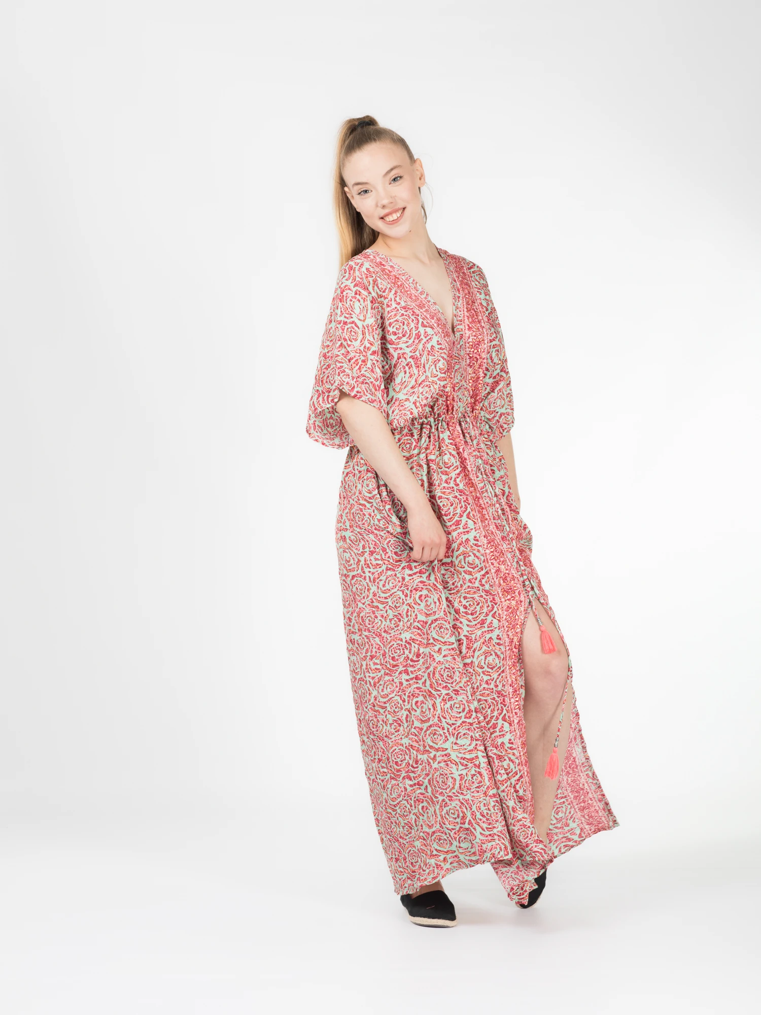 Rochie boho lejeră din material fluid șnur în talie și crăpătură pe mijloc - Model 3 [5]