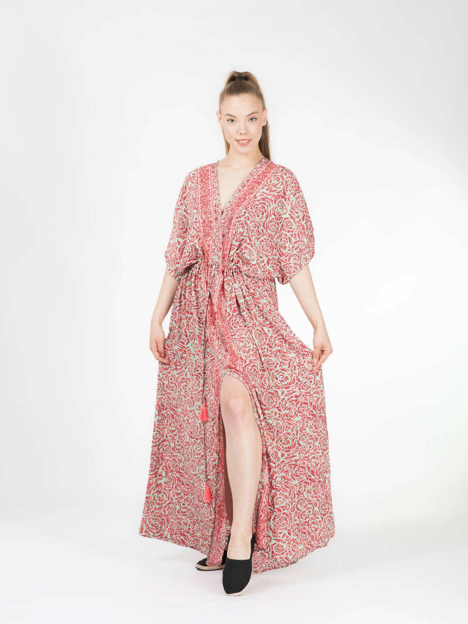Rochie boho lejeră din material fluid șnur în talie și crăpătură pe mijloc - Model 3 [1]