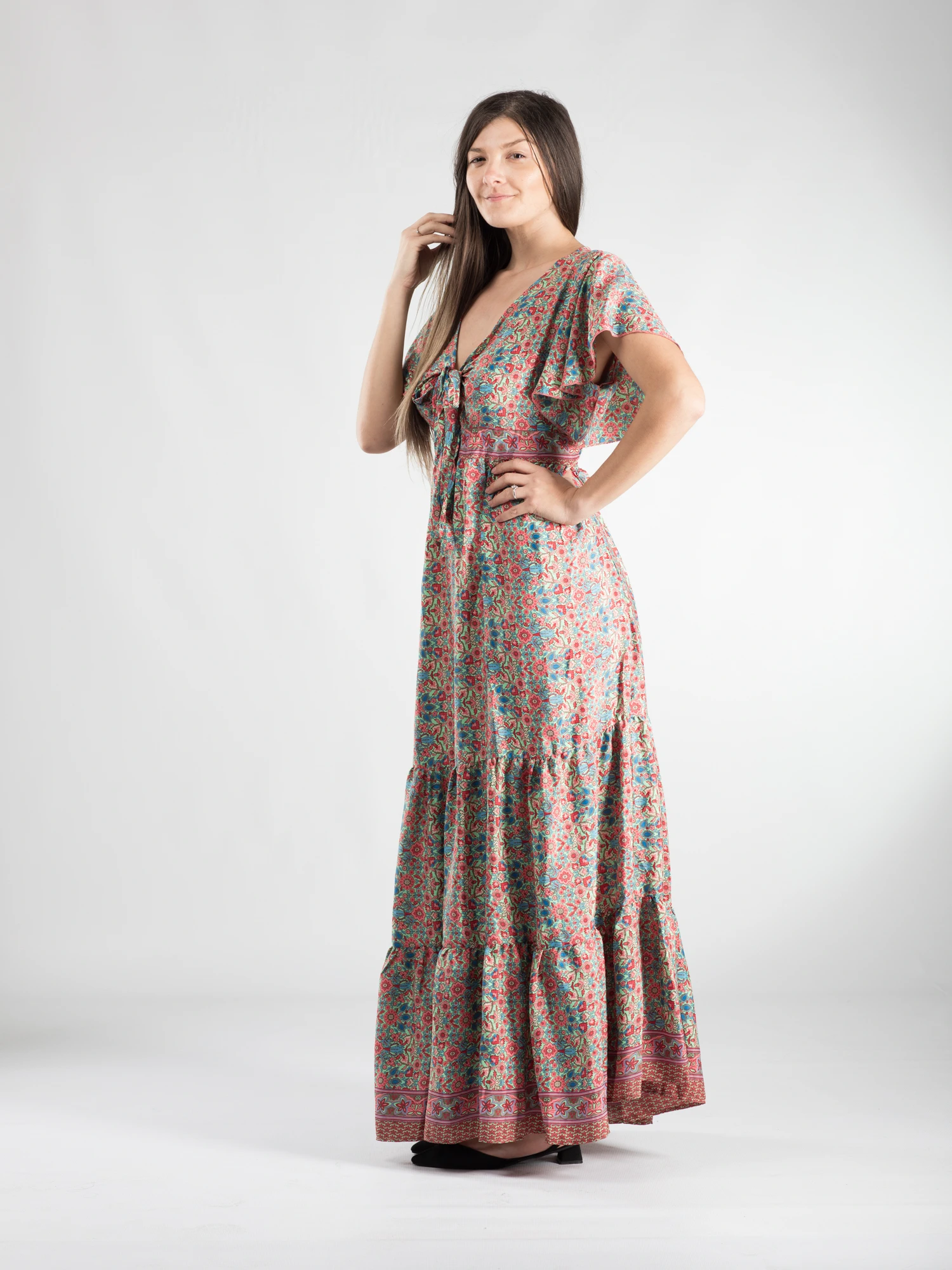Rochie boho lungă cu volane și mânecă scurtă lejeră - Model 1 [4]