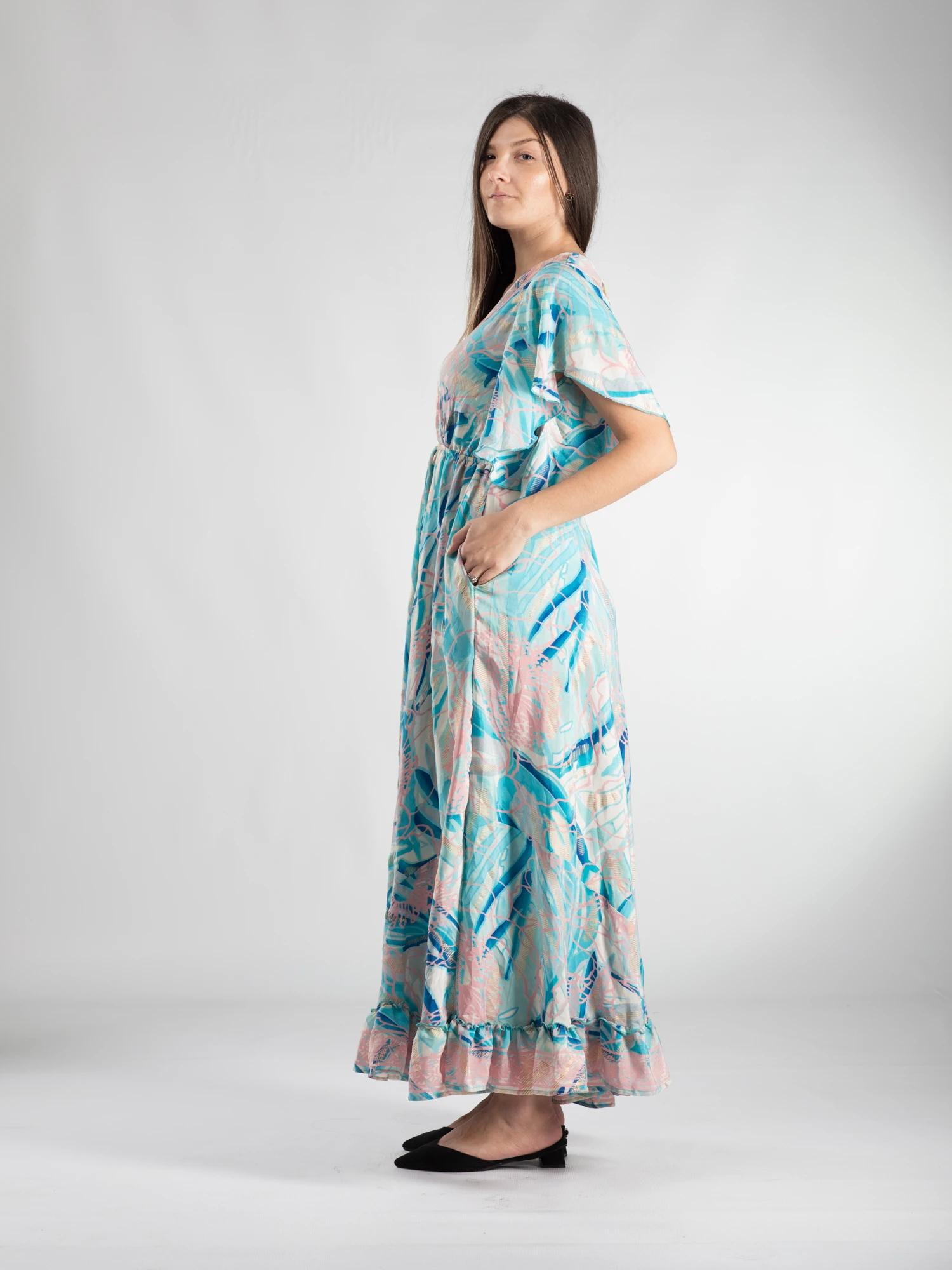 Rochie boho lungă din material fluid cu decolteu romantic și detalii aurii - Model 10 [2]