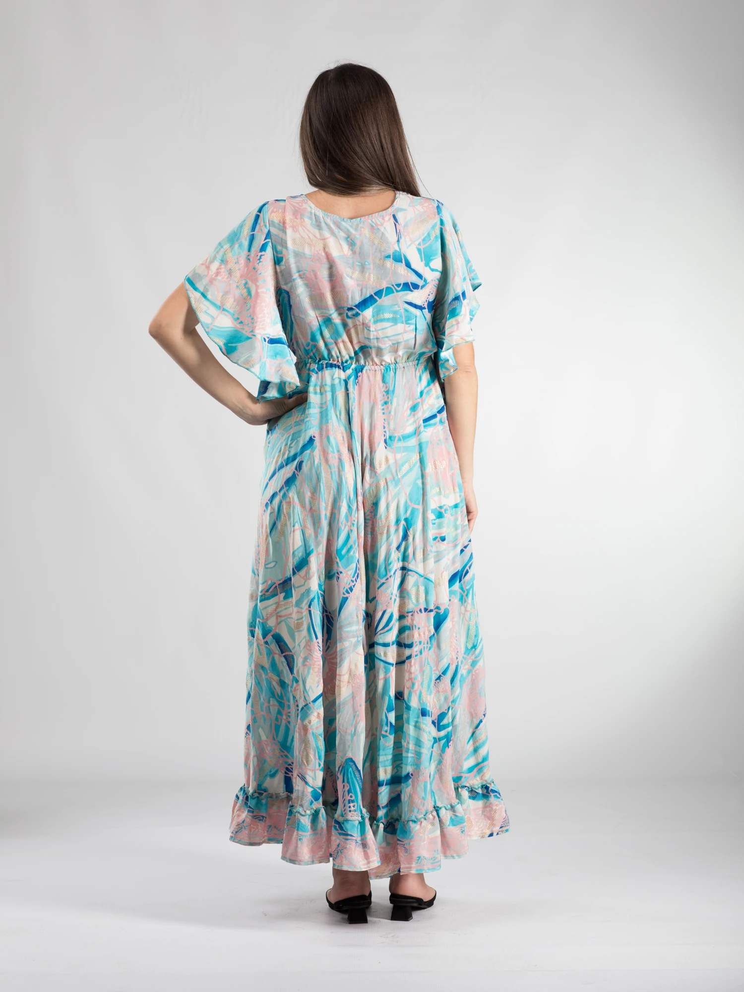 Rochie boho lungă din material fluid cu decolteu romantic și detalii aurii - Model 10 [3]