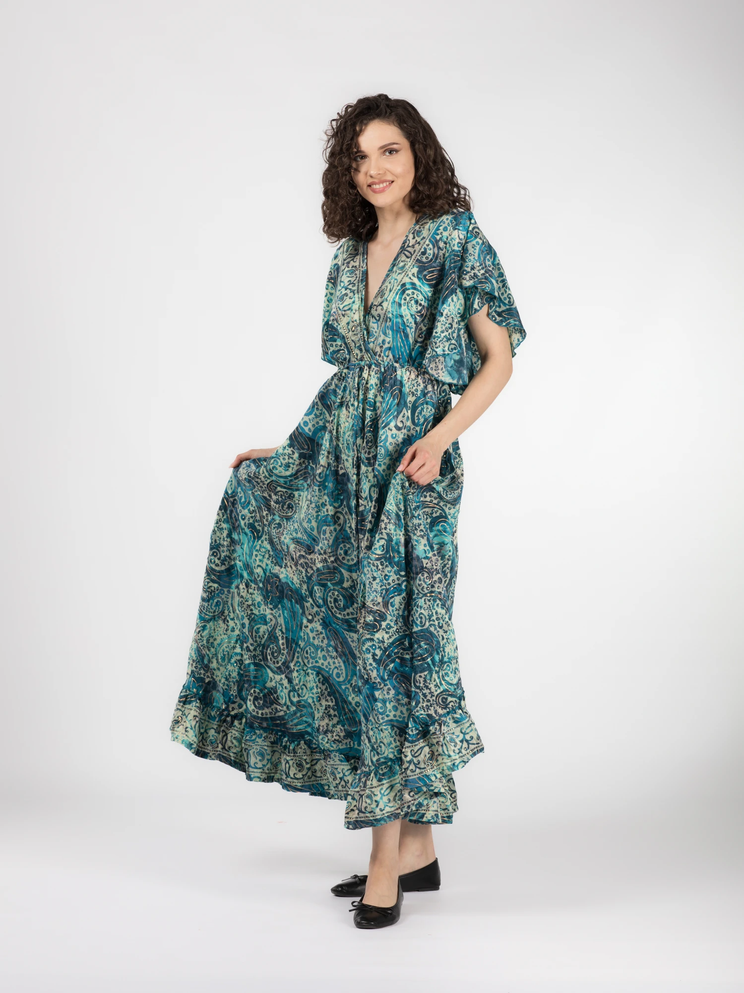 Rochie boho lungă din material fluid cu decolteu romantic și detalii aurii - Model 3 [5]