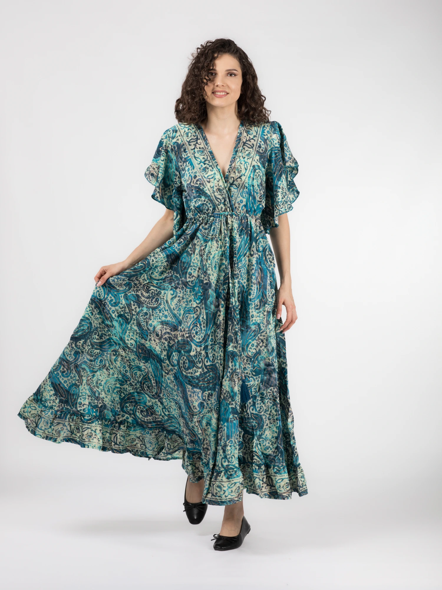 Rochie boho lungă din material fluid cu decolteu romantic și detalii aurii - Model 3 [4]