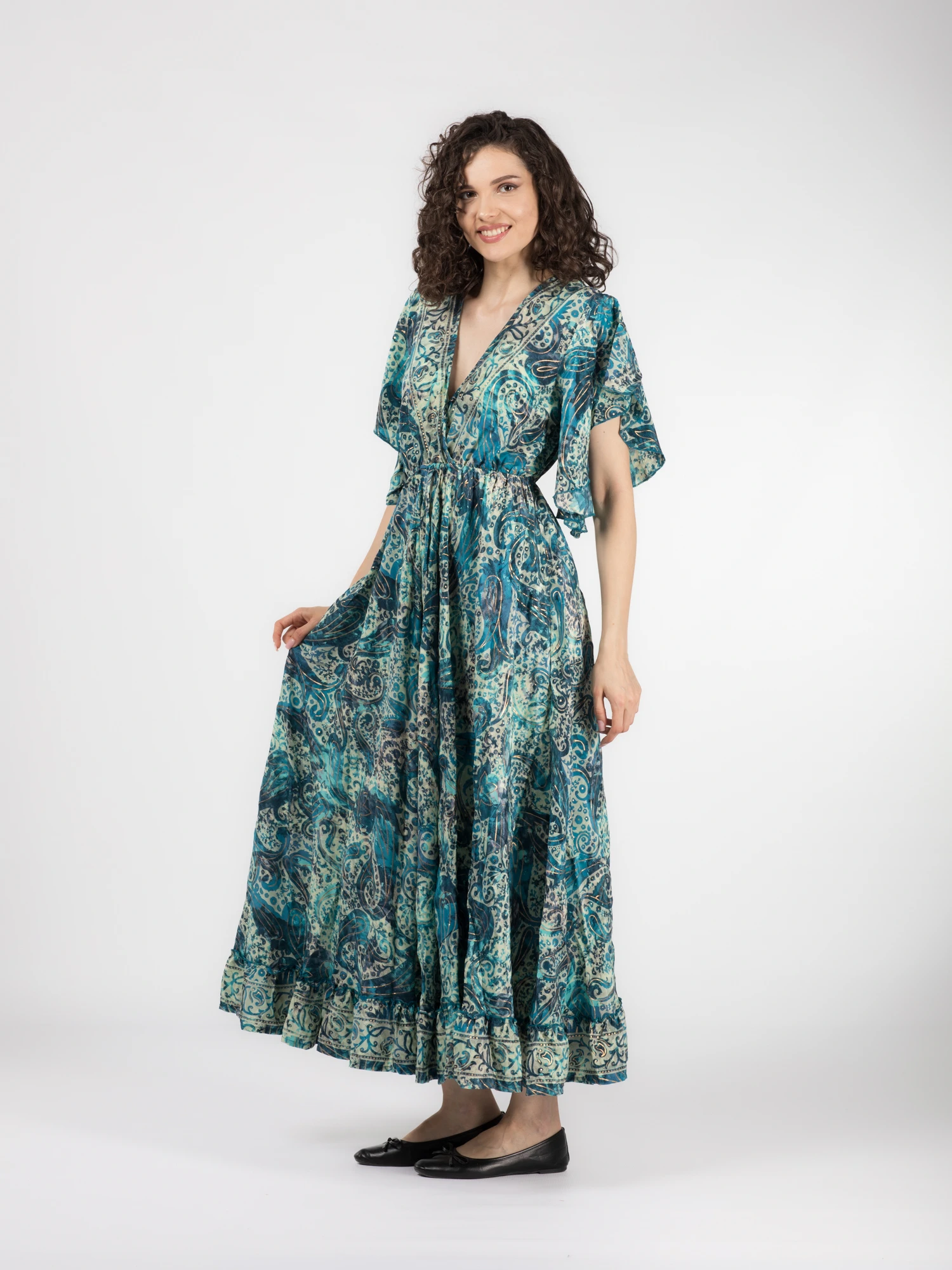 Rochie boho lungă din material fluid cu decolteu romantic și detalii aurii - Model 3 [2]