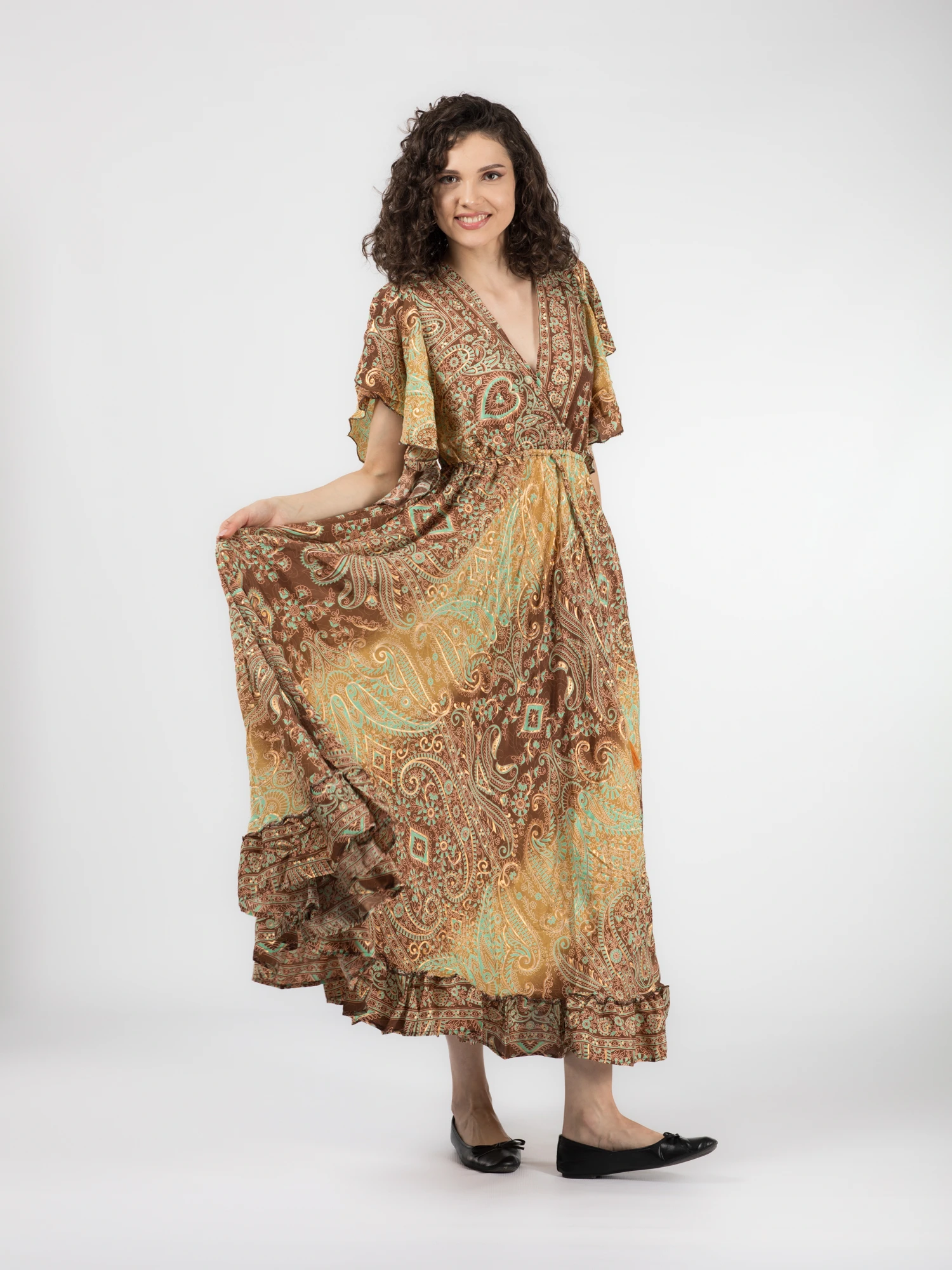 Rochie boho lungă din material fluid cu decolteu romantic și detalii aurii - Model 6 [5]