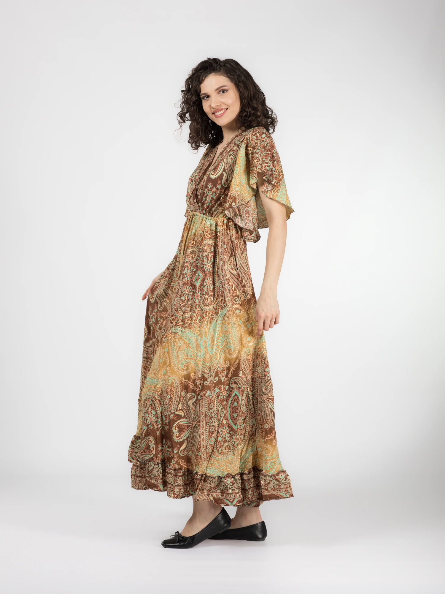 Rochie boho lungă din material fluid cu decolteu romantic și detalii aurii - Model 6 [2]