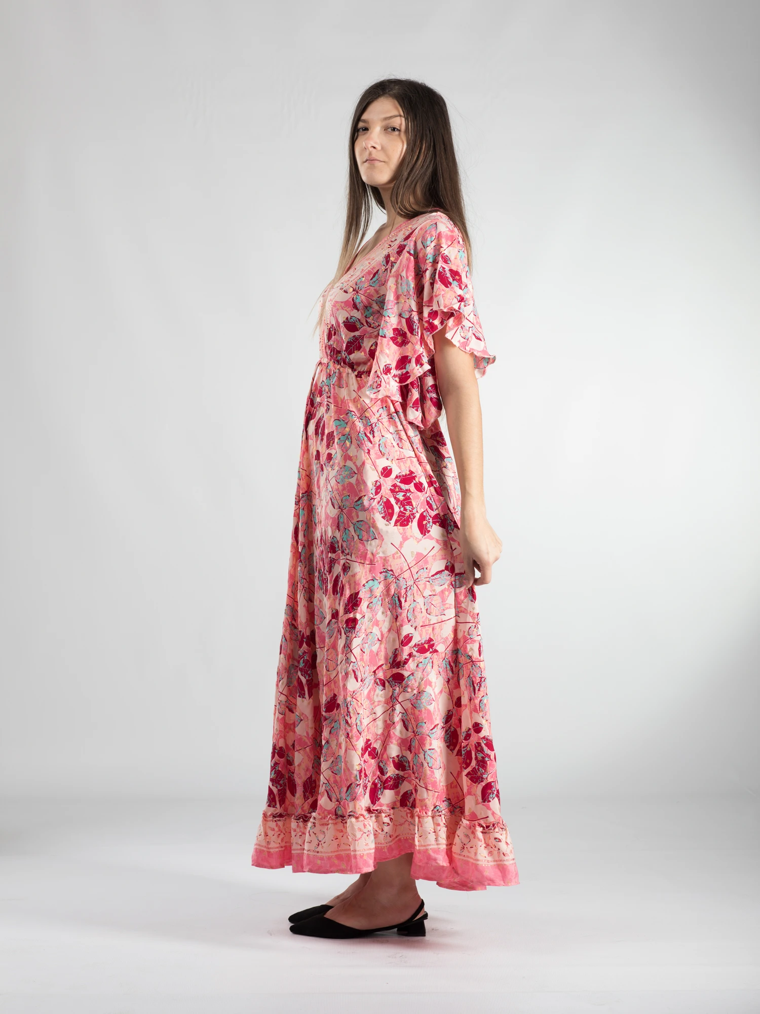Rochie boho lungă din material fluid cu decolteu romantic și detalii aurii - Model 8 [2]