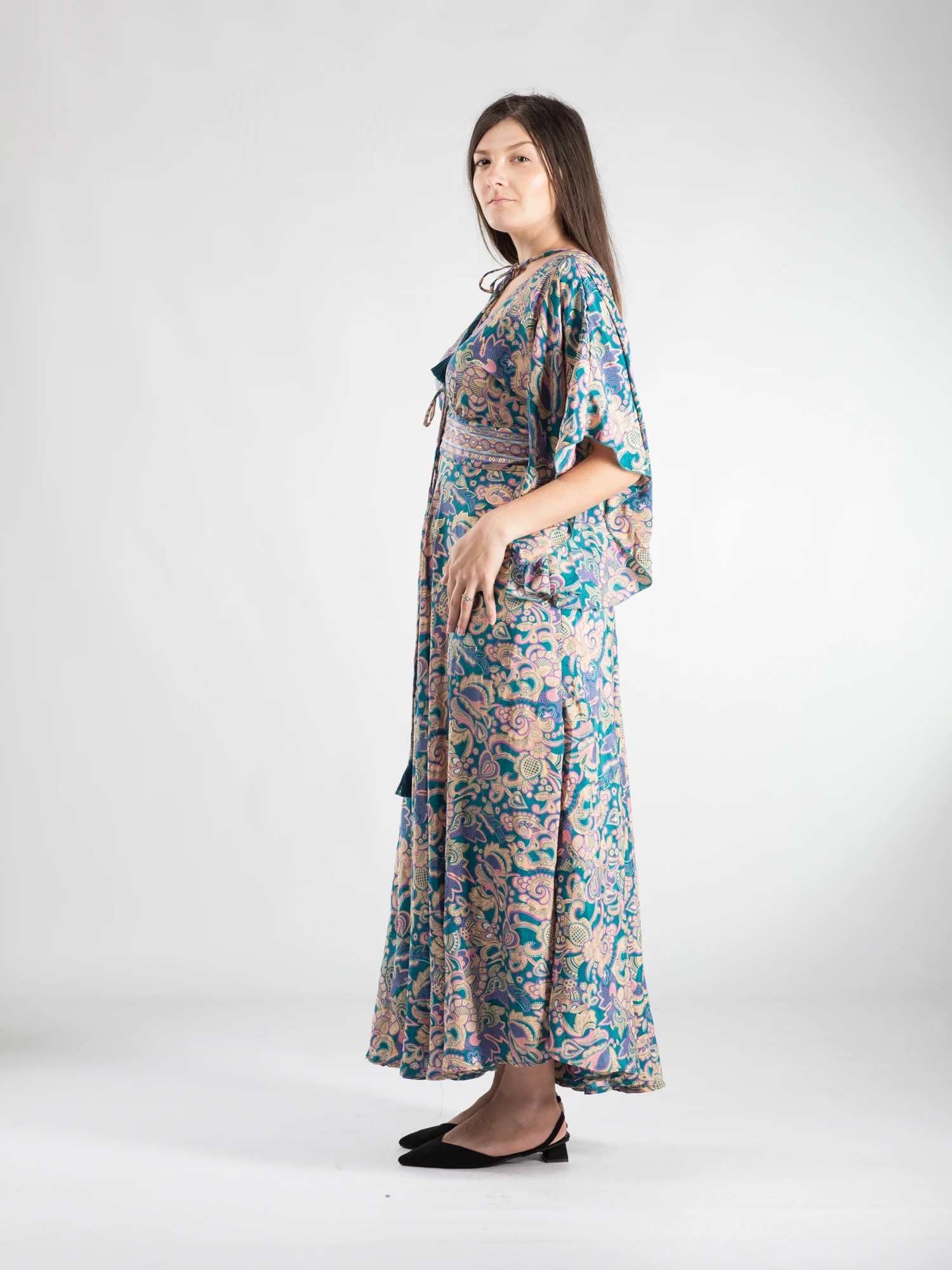Rochie boho lungă din material fluid cu mâneci 3/4 și buzunare laterale - Model 2 [2]