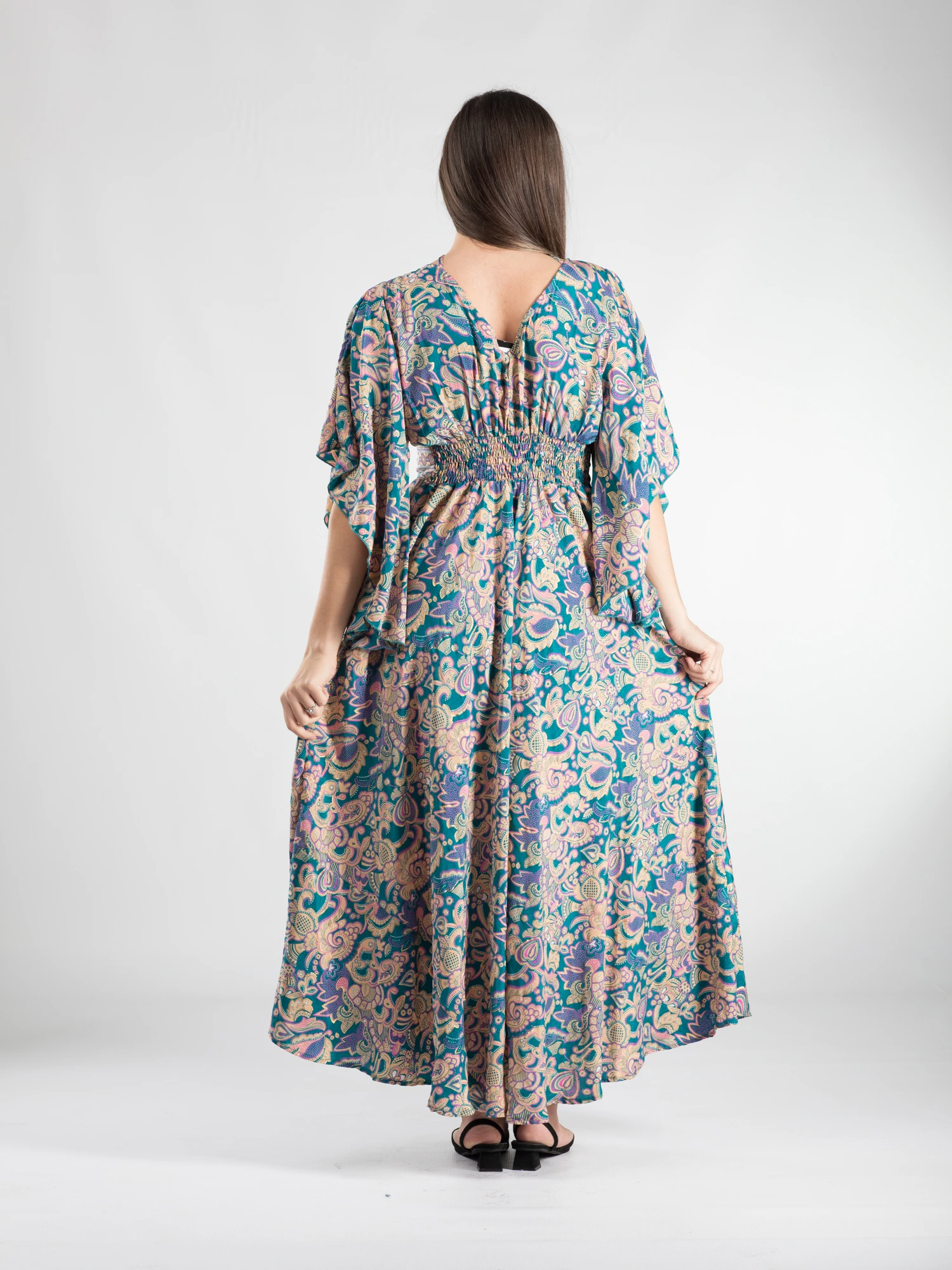 Rochie boho lungă din material fluid cu mâneci 3/4 și buzunare laterale - Model 2 [3]