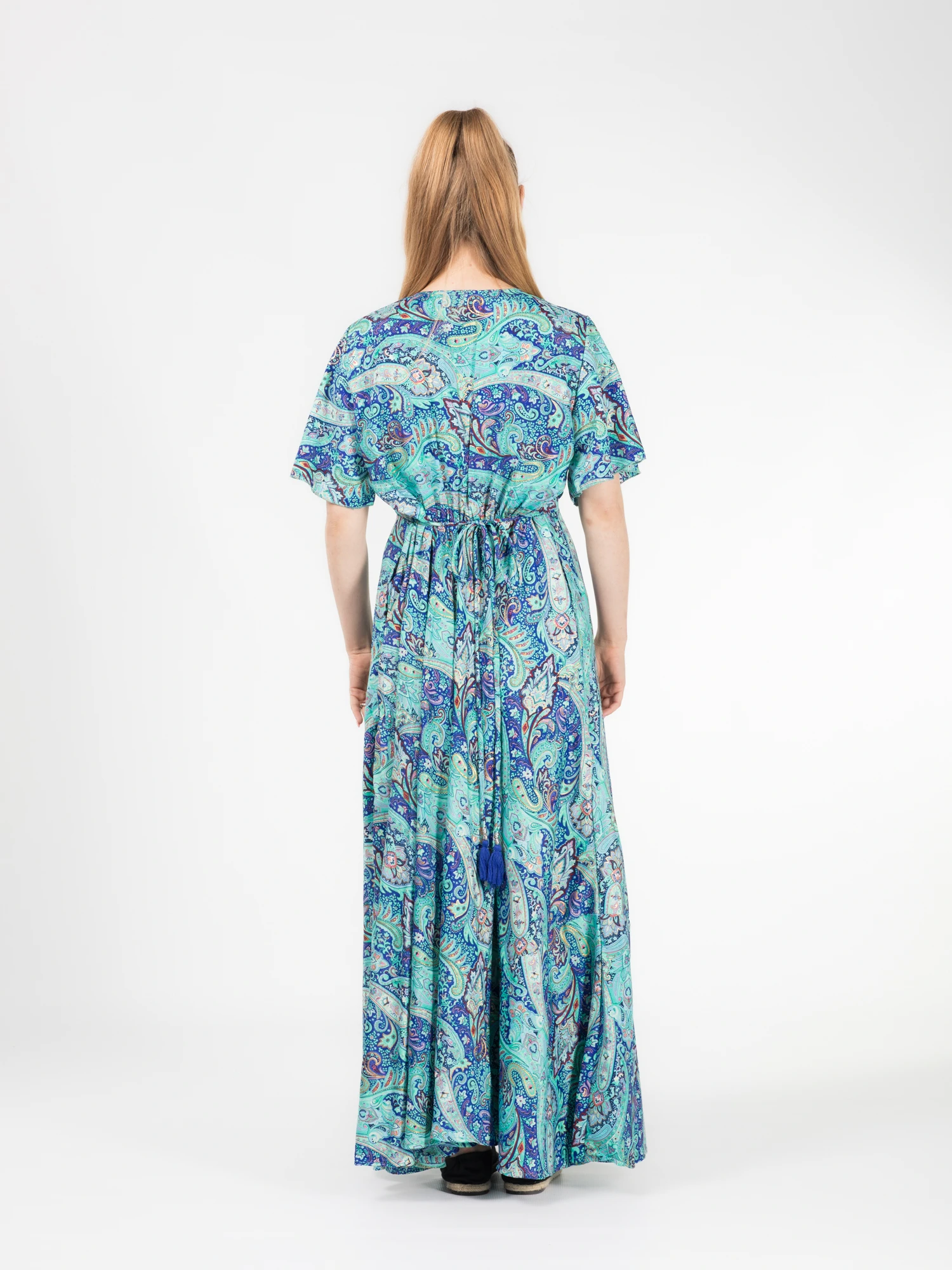 Rochie boho lungă din material fluid cu șnur în talie și detali aurii - Model 1 [3]