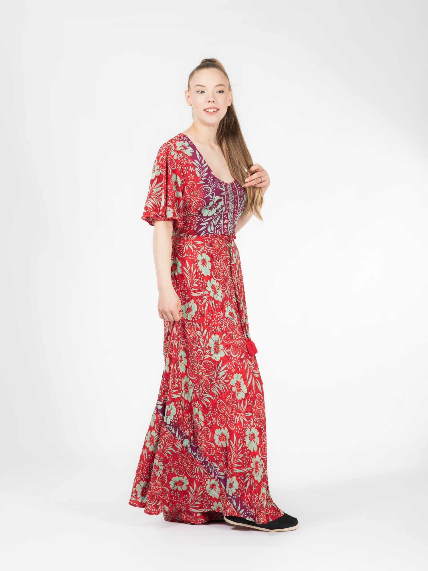 Rochie boho lungă din material fluid cu șnur în talie și detali aurii - Model 5 [4]