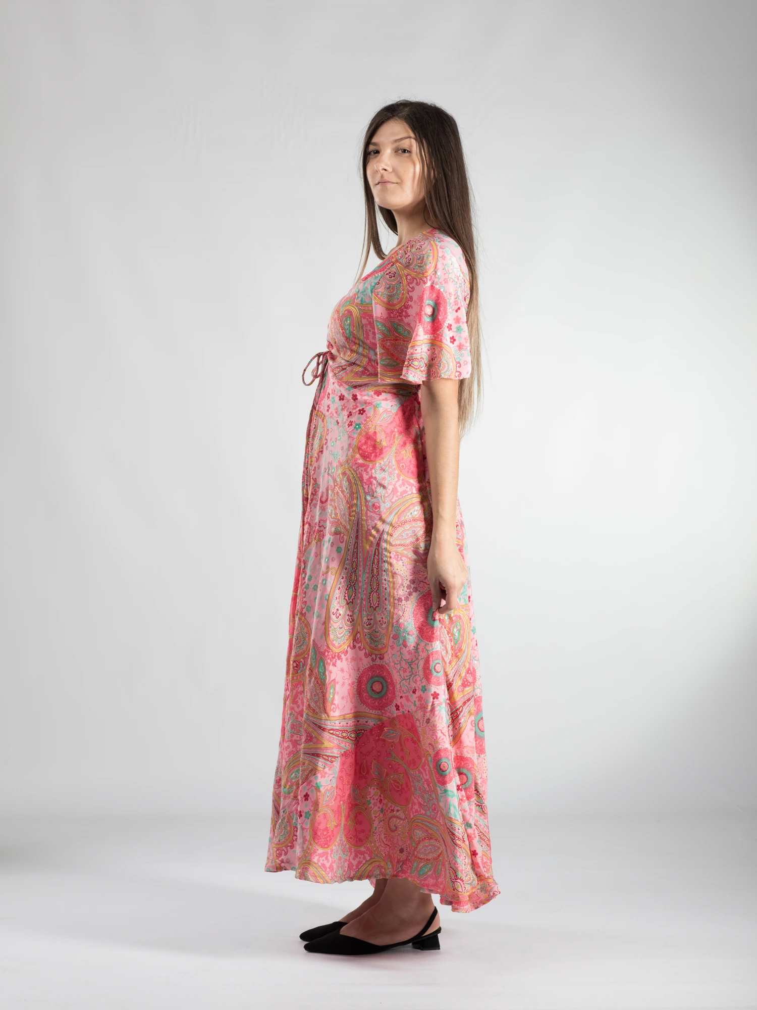 Rochie boho lungă din material fluid cu șnur în talie și detali aurii - Model 7 [2]
