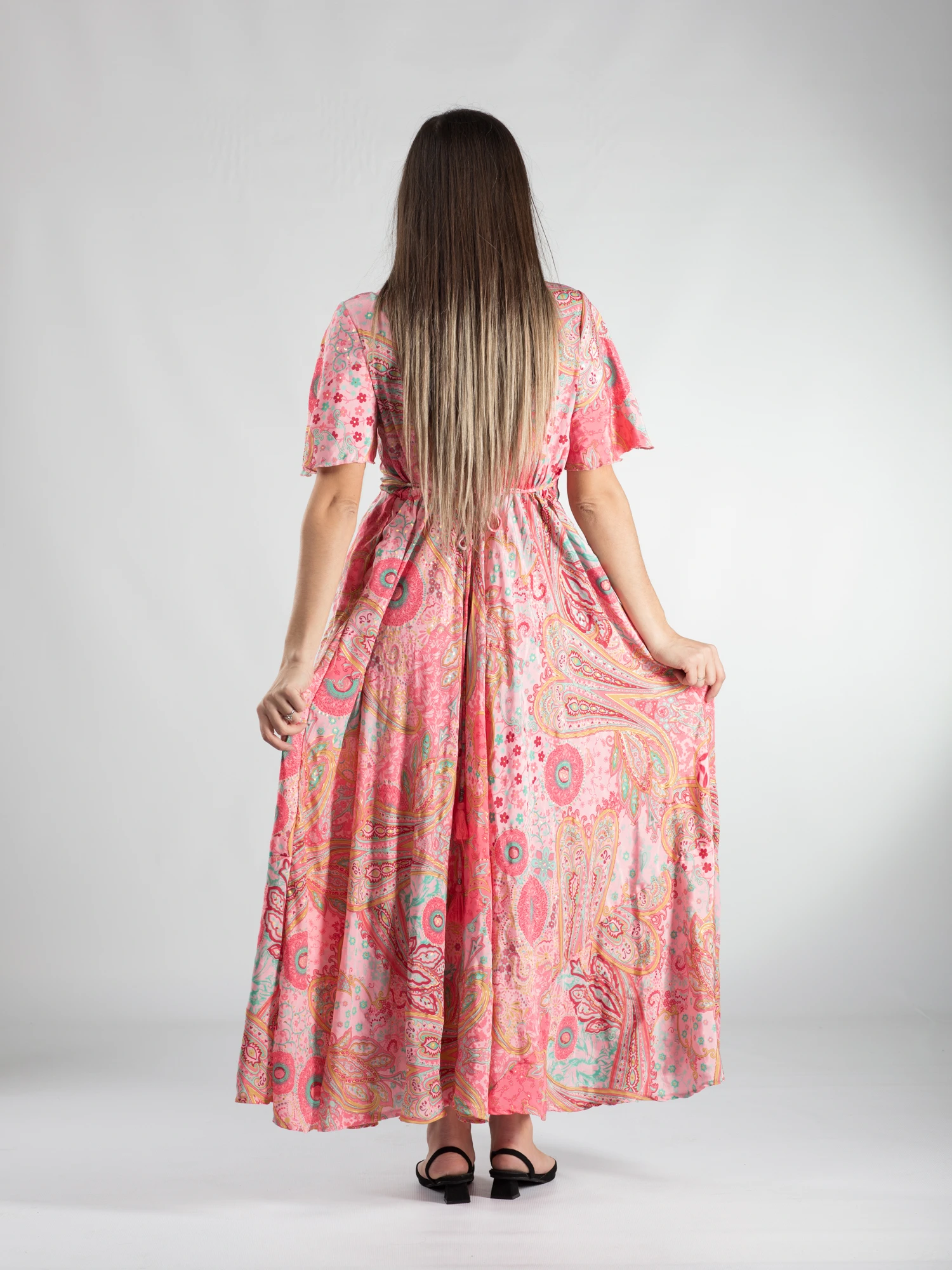 Rochie boho lungă din material fluid cu șnur în talie și detali aurii - Model 7 [3]