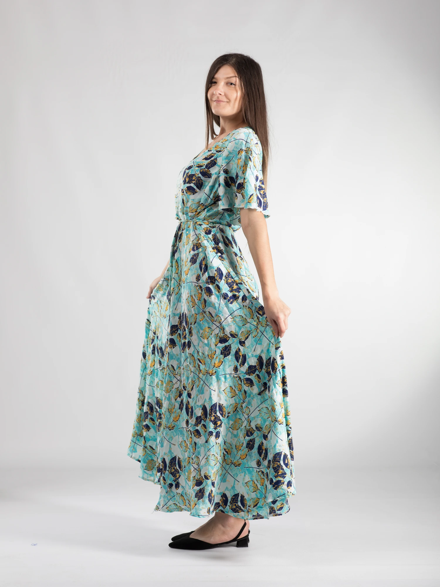 Rochie boho lungă din material fluid cu șnur în talie și detali aurii - Model 8 [2]