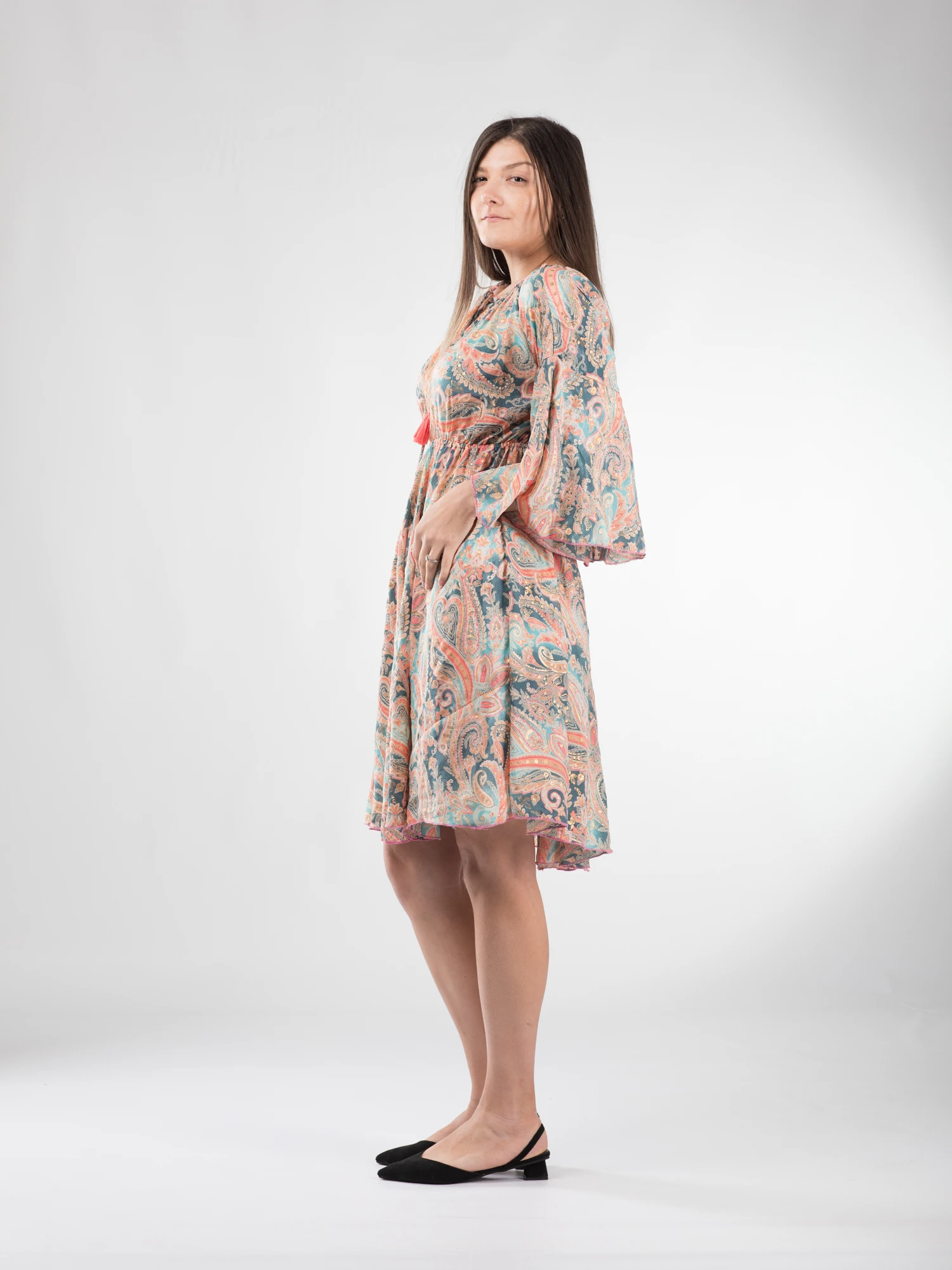 Rochie boho midi din material fluid, cu detalii aurii și mâneci 3/4 - Model 1 [2]