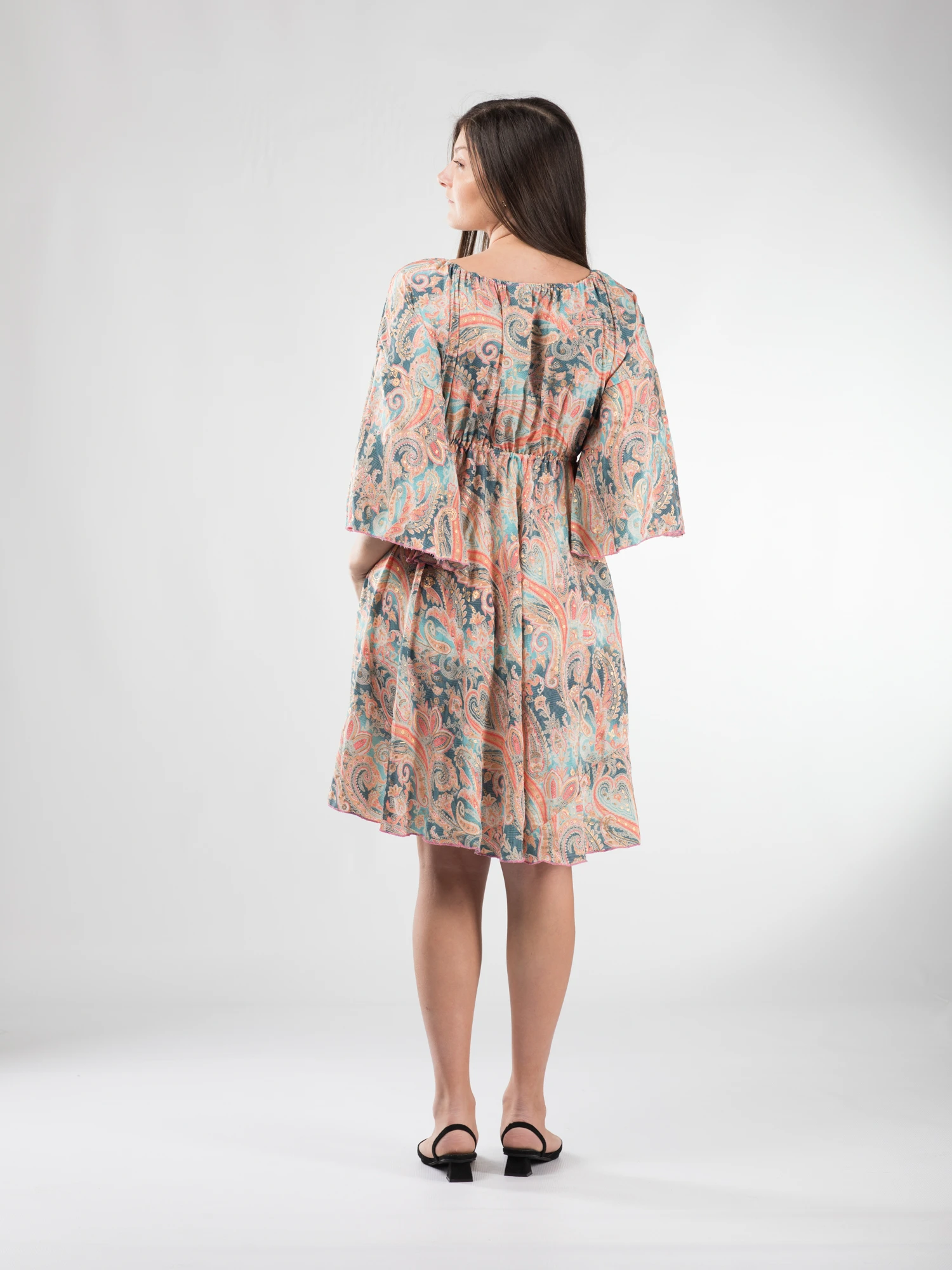 Rochie boho midi din material fluid, cu detalii aurii și mâneci 3/4 - Model 1 [3]